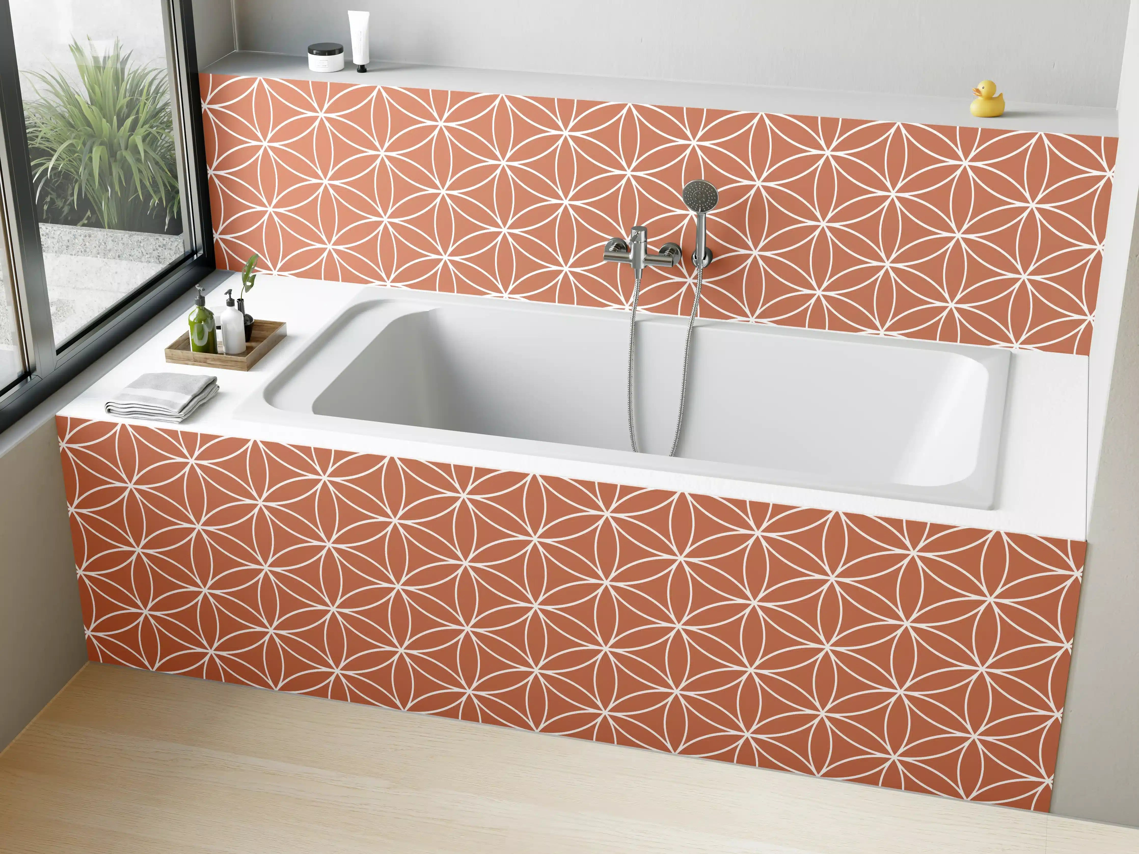 Badewannen-Rückwand - Moderne geometrische Mustertapete in zarten Rosécouleurs