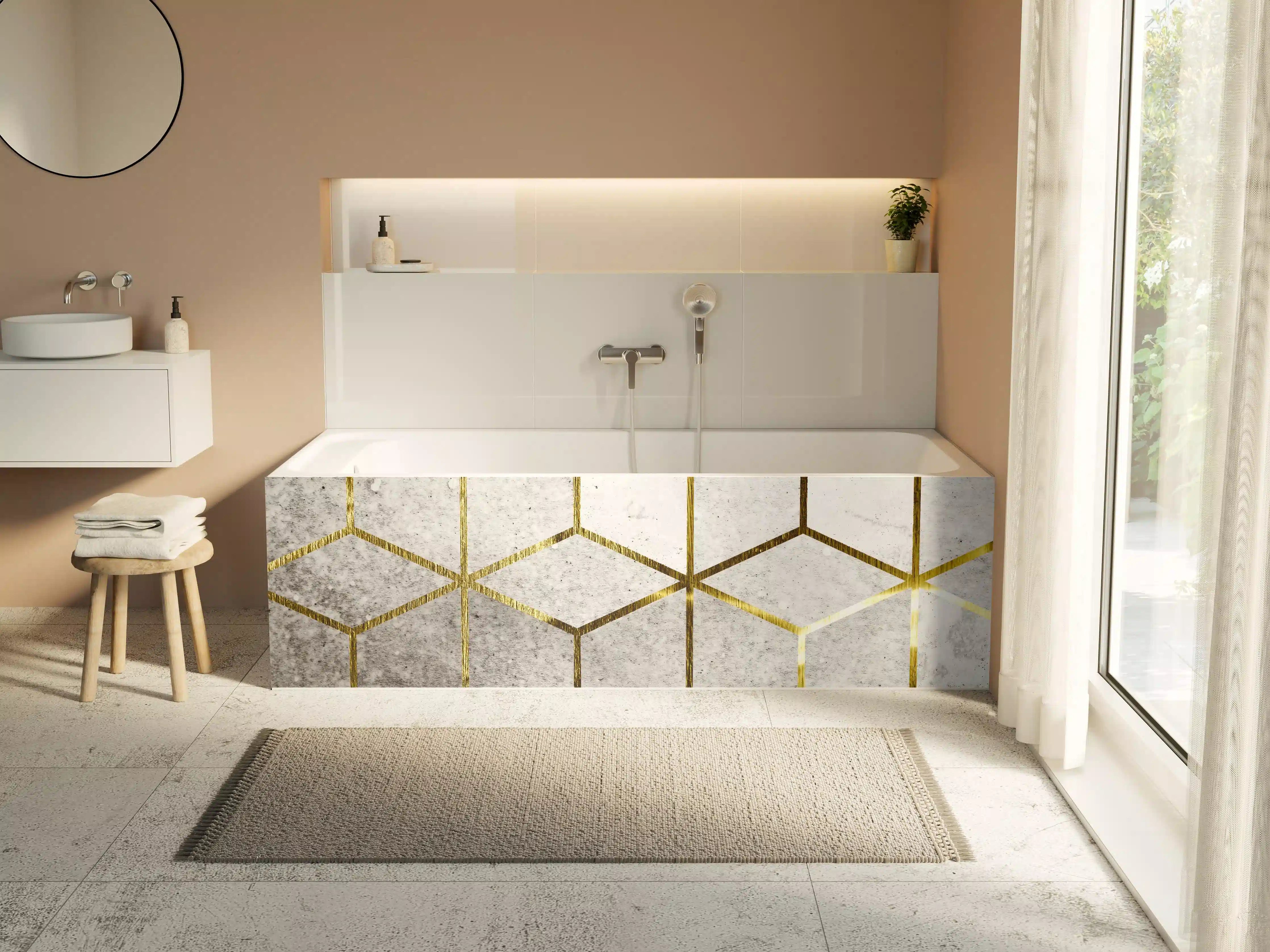 Badewannen-Rückwand - Moderne geometrische Wandgestaltung in Grau und Gold