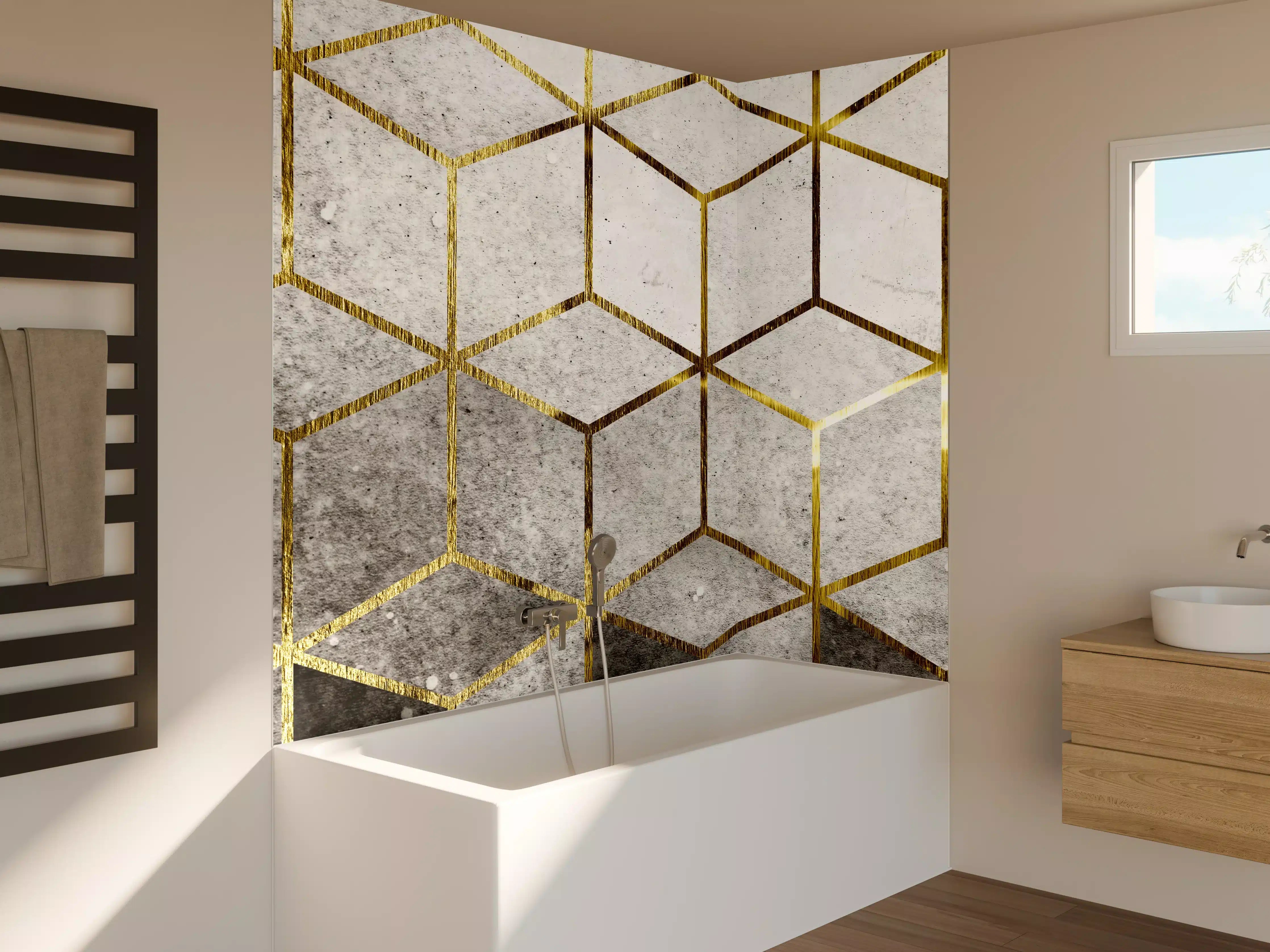 Badewannen-Rückwand - Moderne geometrische Wandgestaltung in Grau und Gold