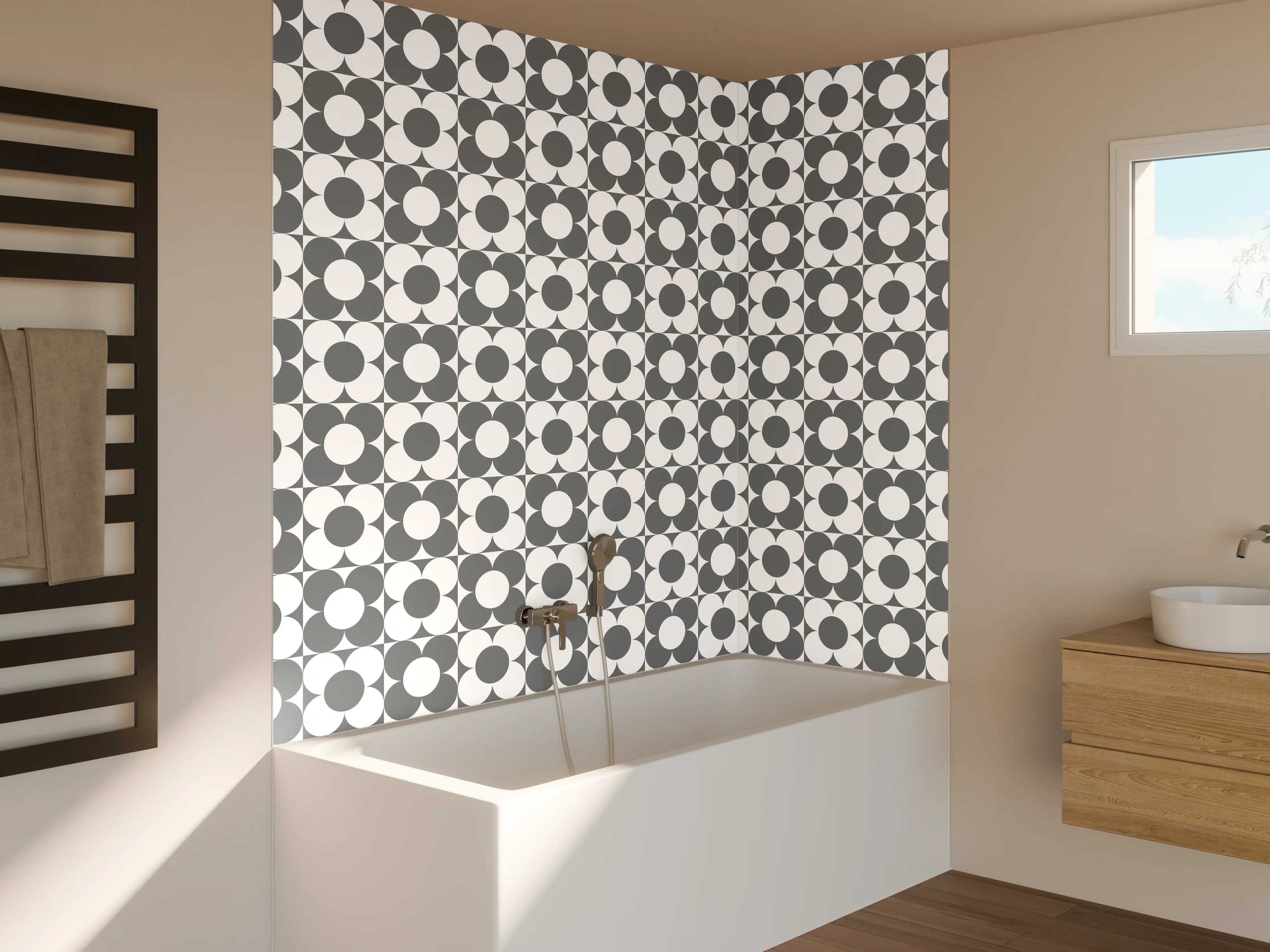 Badewannen-Rückwand - Moderne geometrische Wandgestaltung in Grau und Weiß