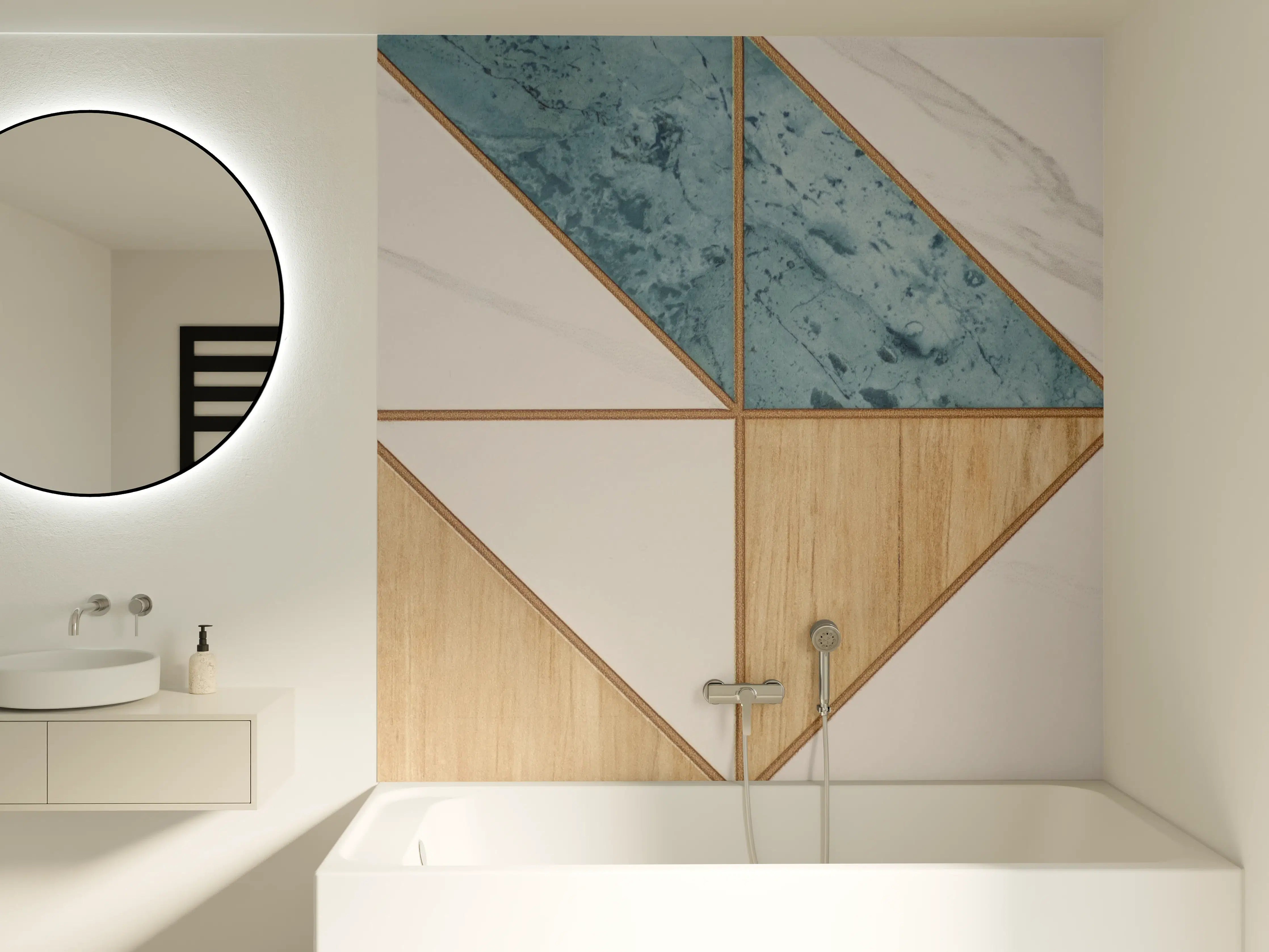Badewannen-Rückwand - Moderne geometrische Wandgestaltung in Holz- und Marmoroptik
