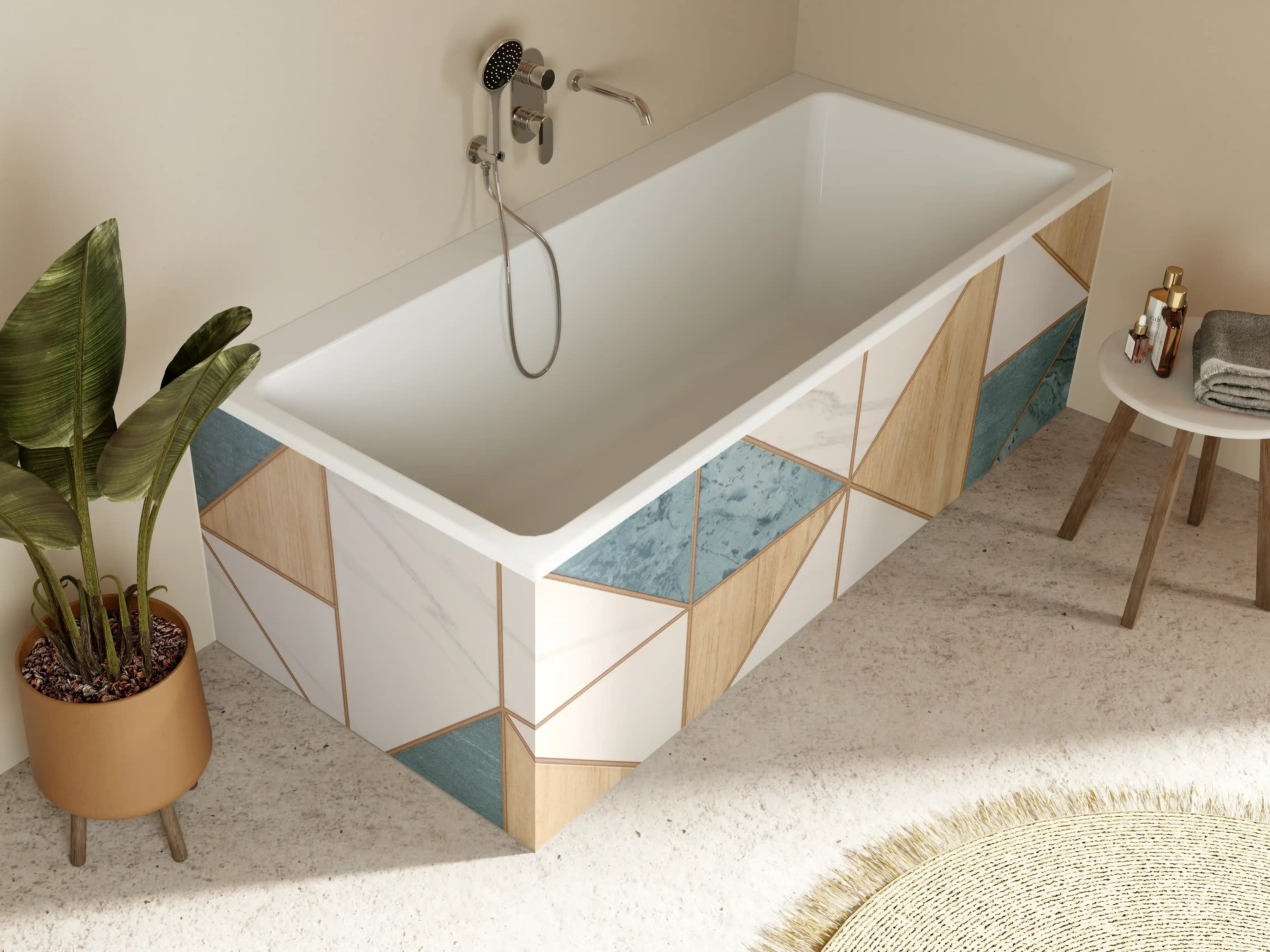 Badewannen-Rückwand - Moderne geometrische Wandgestaltung in Holz- und Marmoroptik