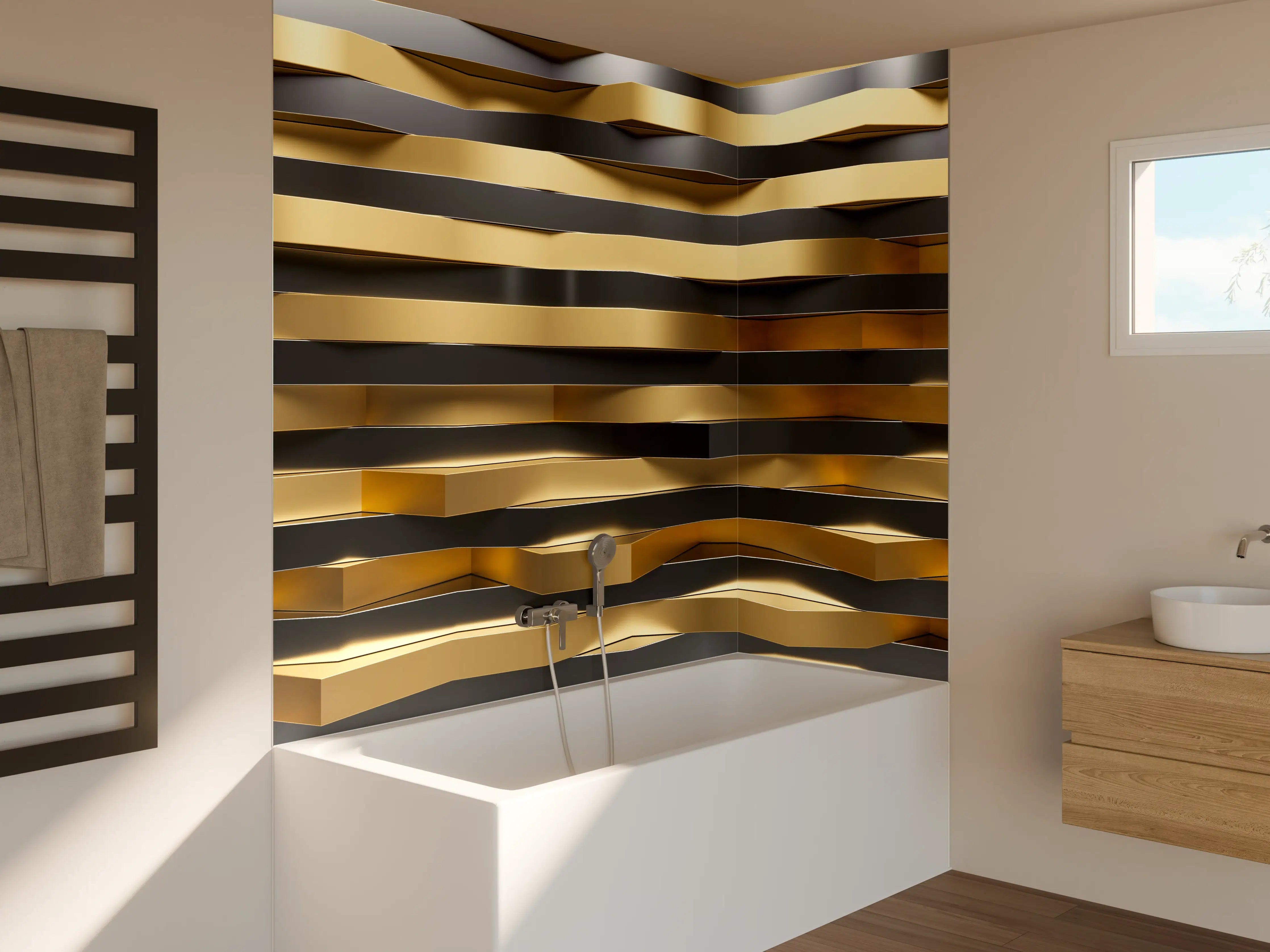 Badewannen-Rückwand - Moderne goldene und schwarze Wandpaneele
