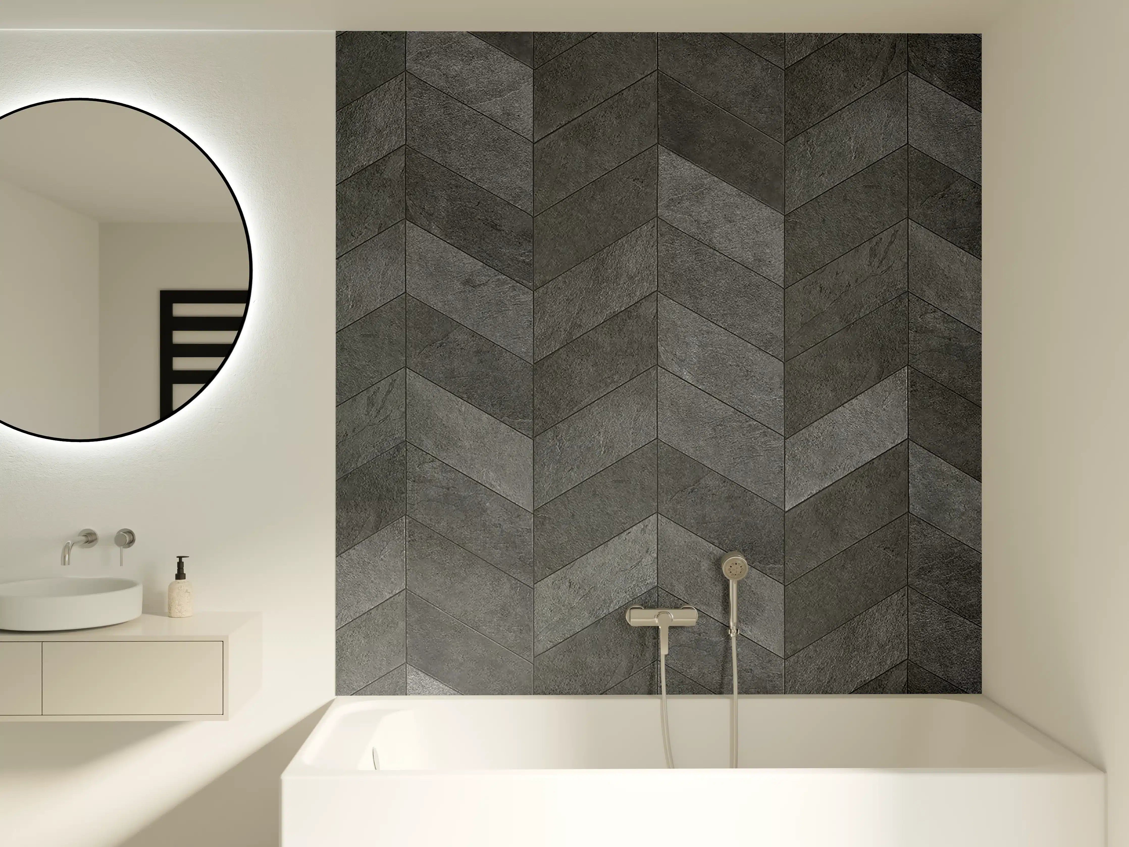 Badewannen-Rückwand - Moderne graue Fliesen-Optik mit Muster