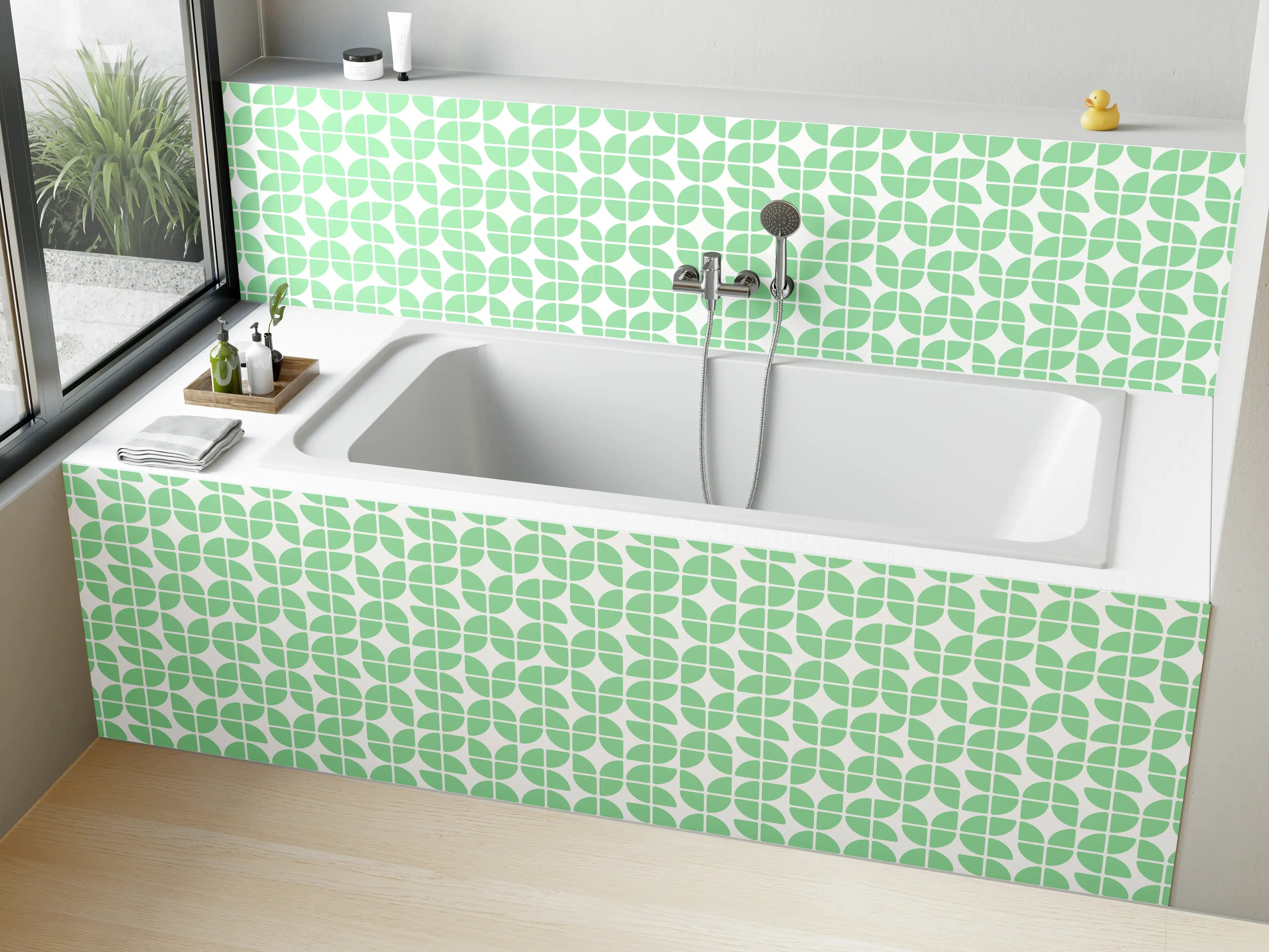 Badewannen-Rückwand - Moderne mintgrüne und weiße Fliesen mit Muster