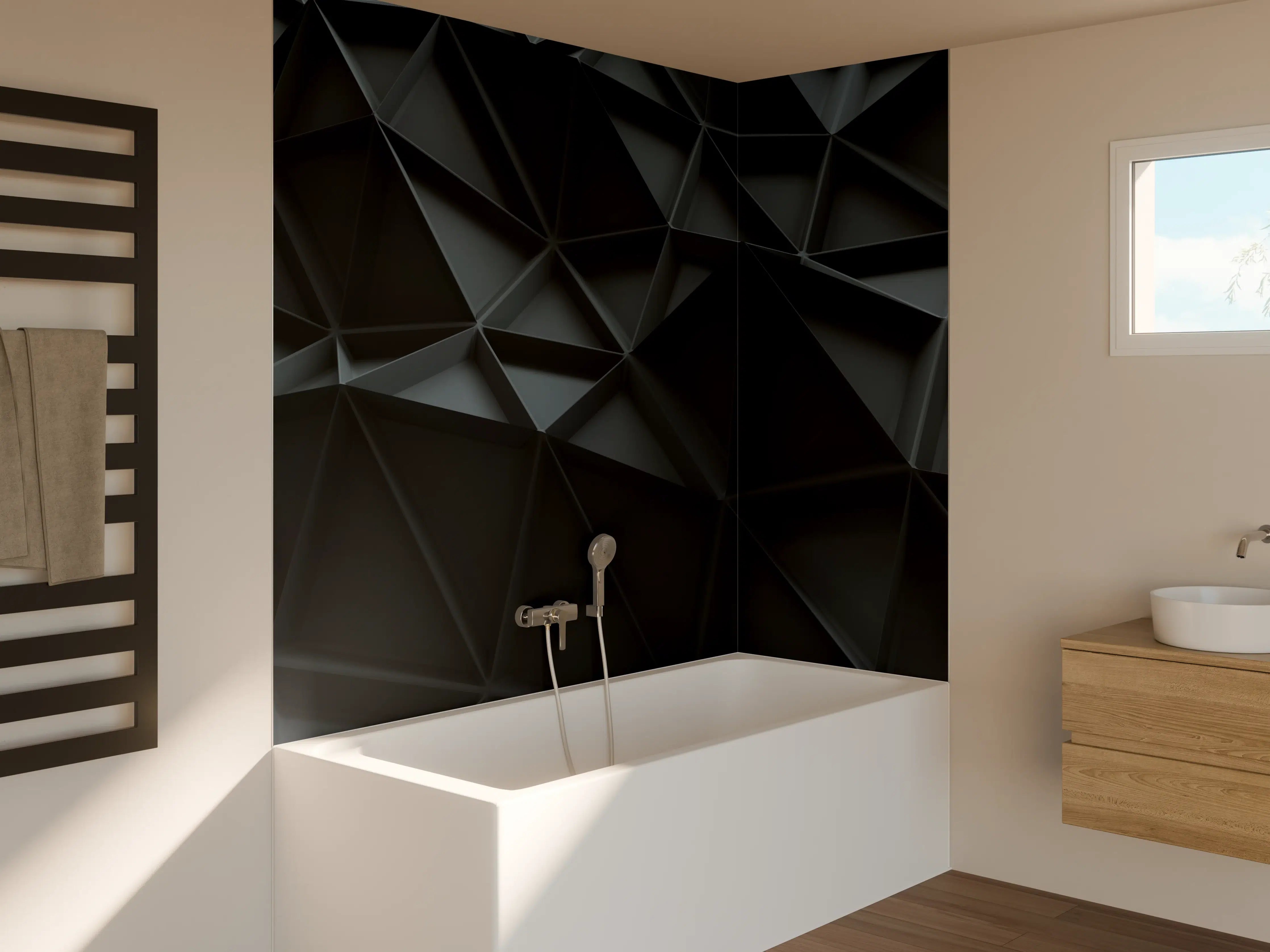 Badewannen-Rückwand - Moderne schwarze 3D-Wandpaneele mit geometrischem Muster