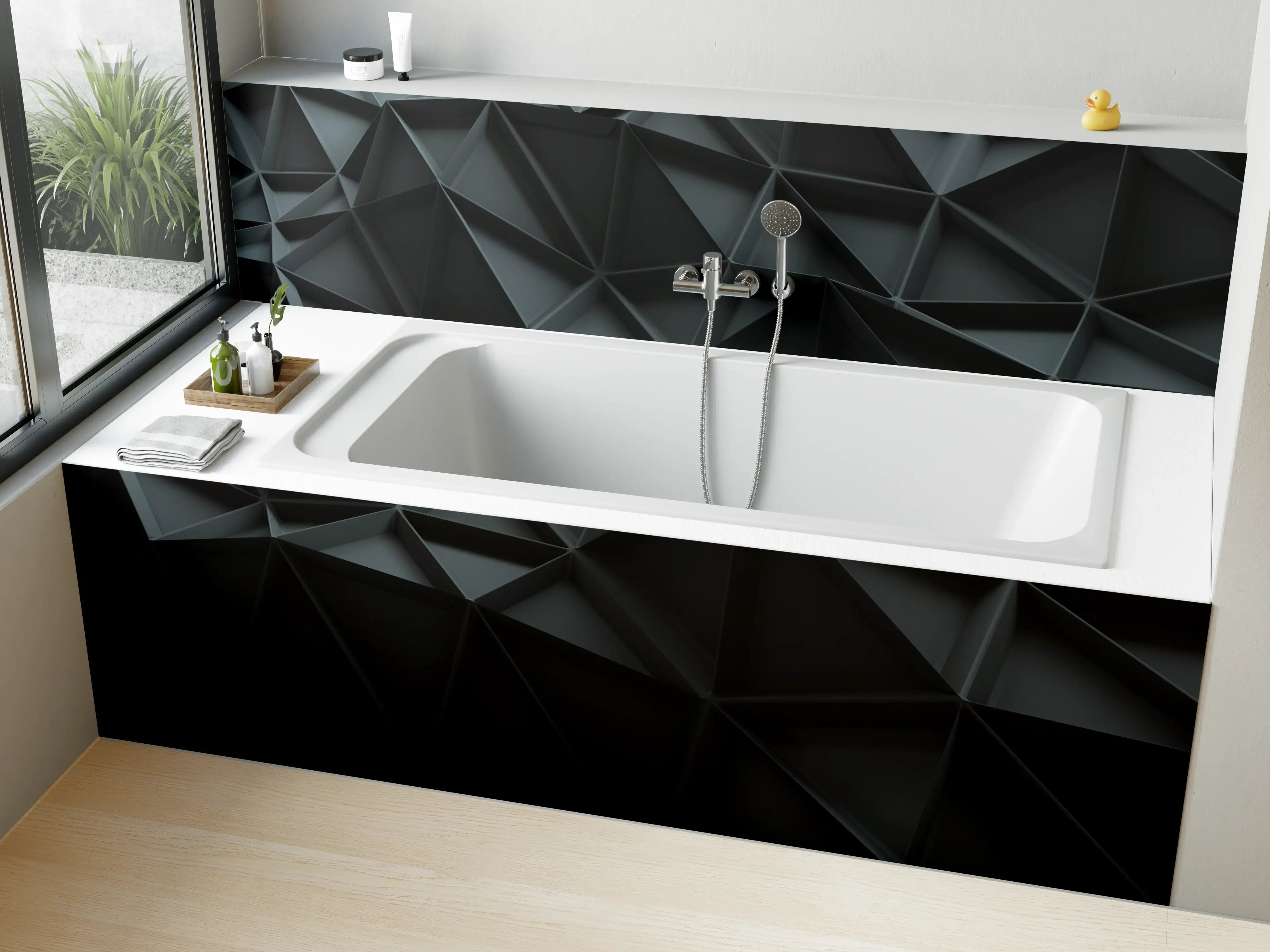 Badewannen-Rückwand - Moderne schwarze 3D-Wandpaneele mit geometrischem Muster