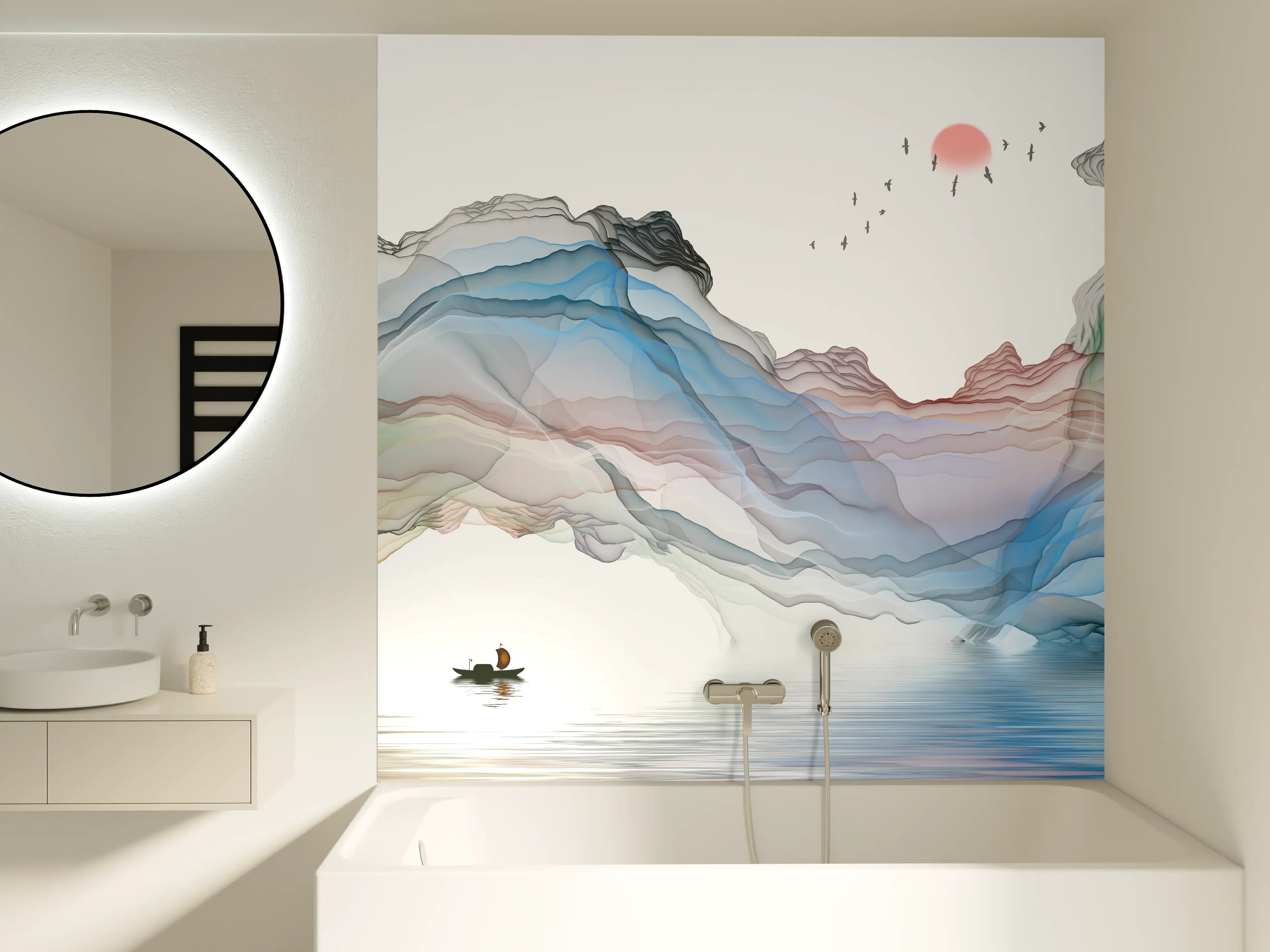 Badewannen-Rückwand - Modernes Wasserfarben Gemälde Boot Vögel See