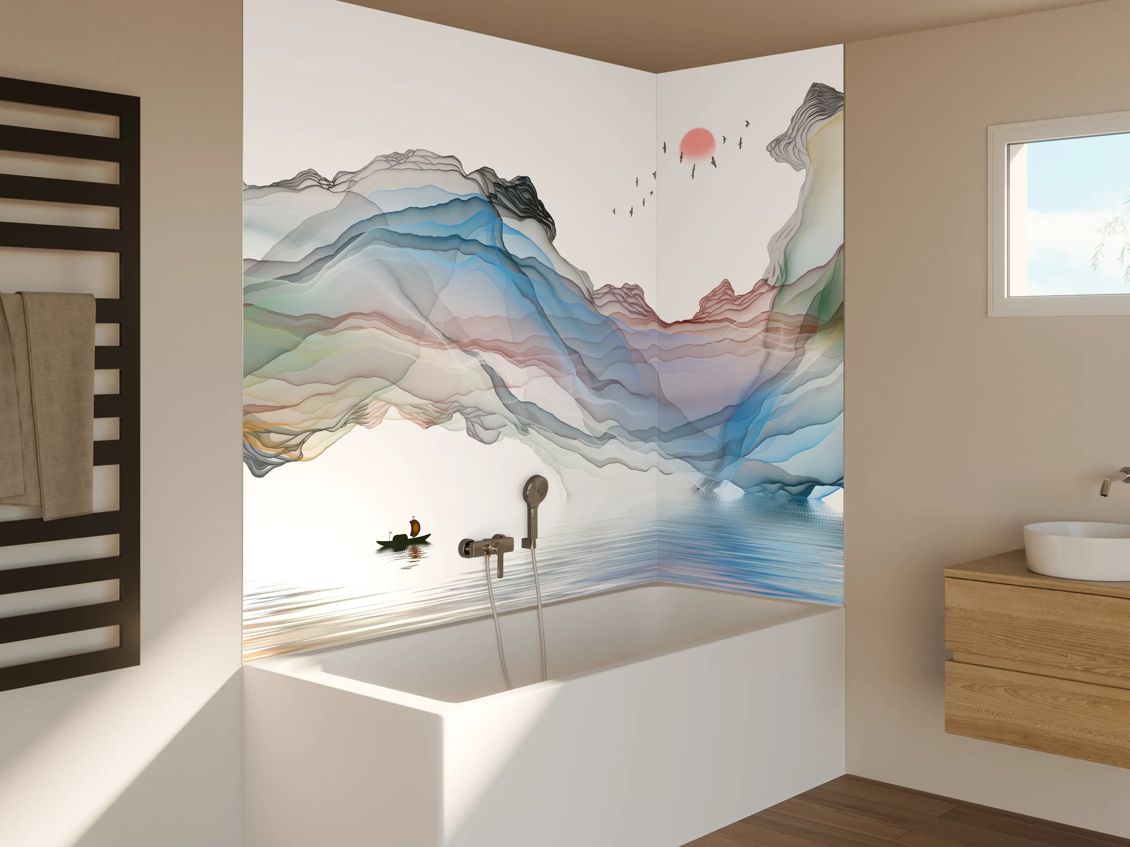 Badewannen-Rückwand - Modernes Wasserfarben Gemälde Boot Vögel See