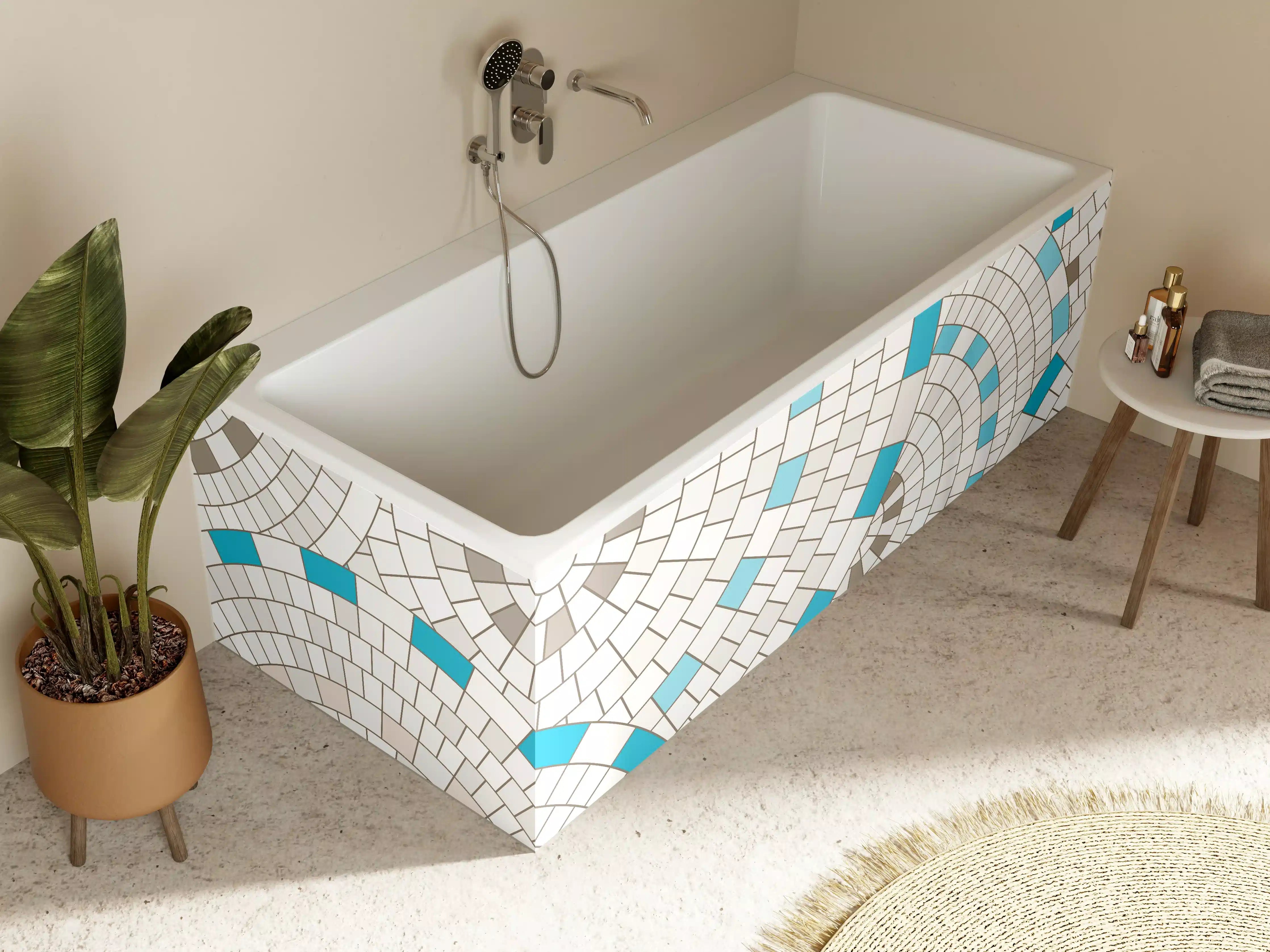 Badewannen-Rückwand - Modernes Weiß-Blau Mosaik-Design