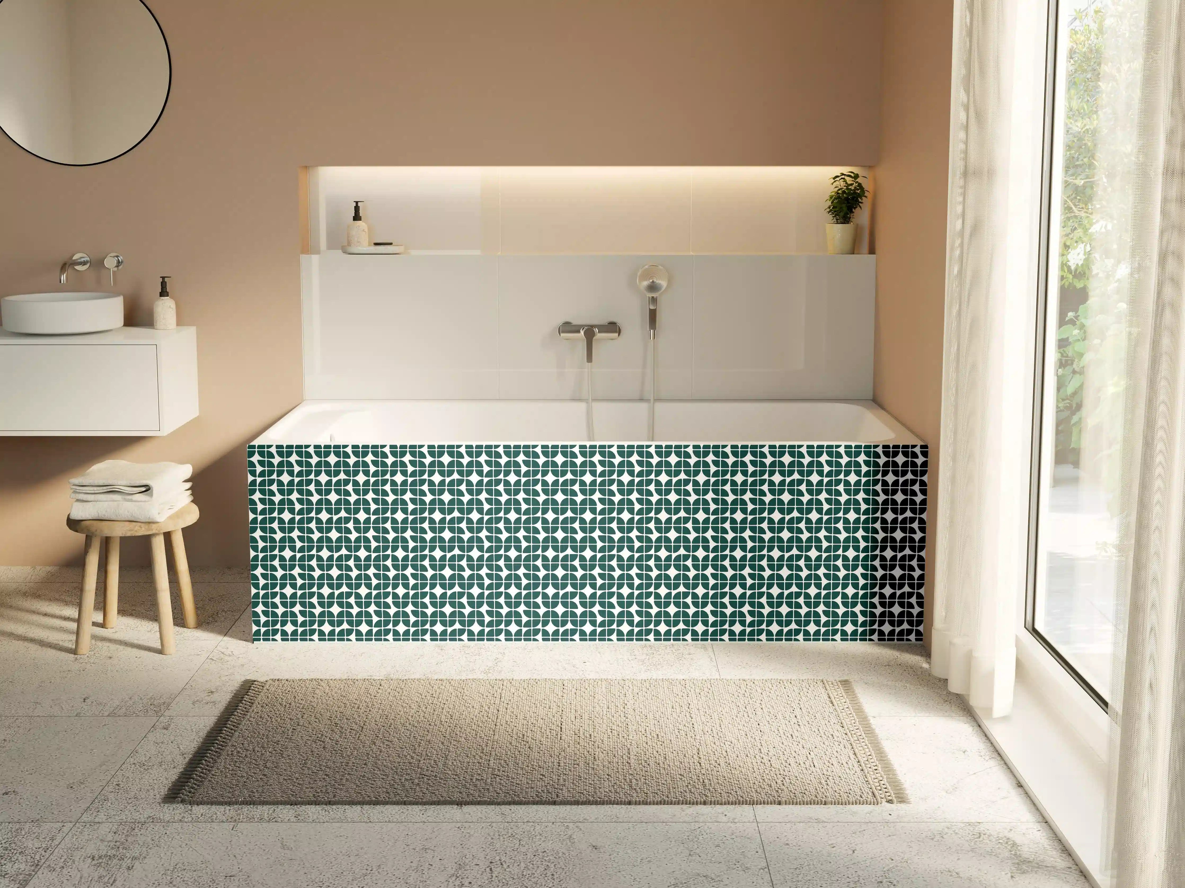 Badewannen-Rückwand - Modisches geometrisches Muster in Dunkelgrün und Weiß