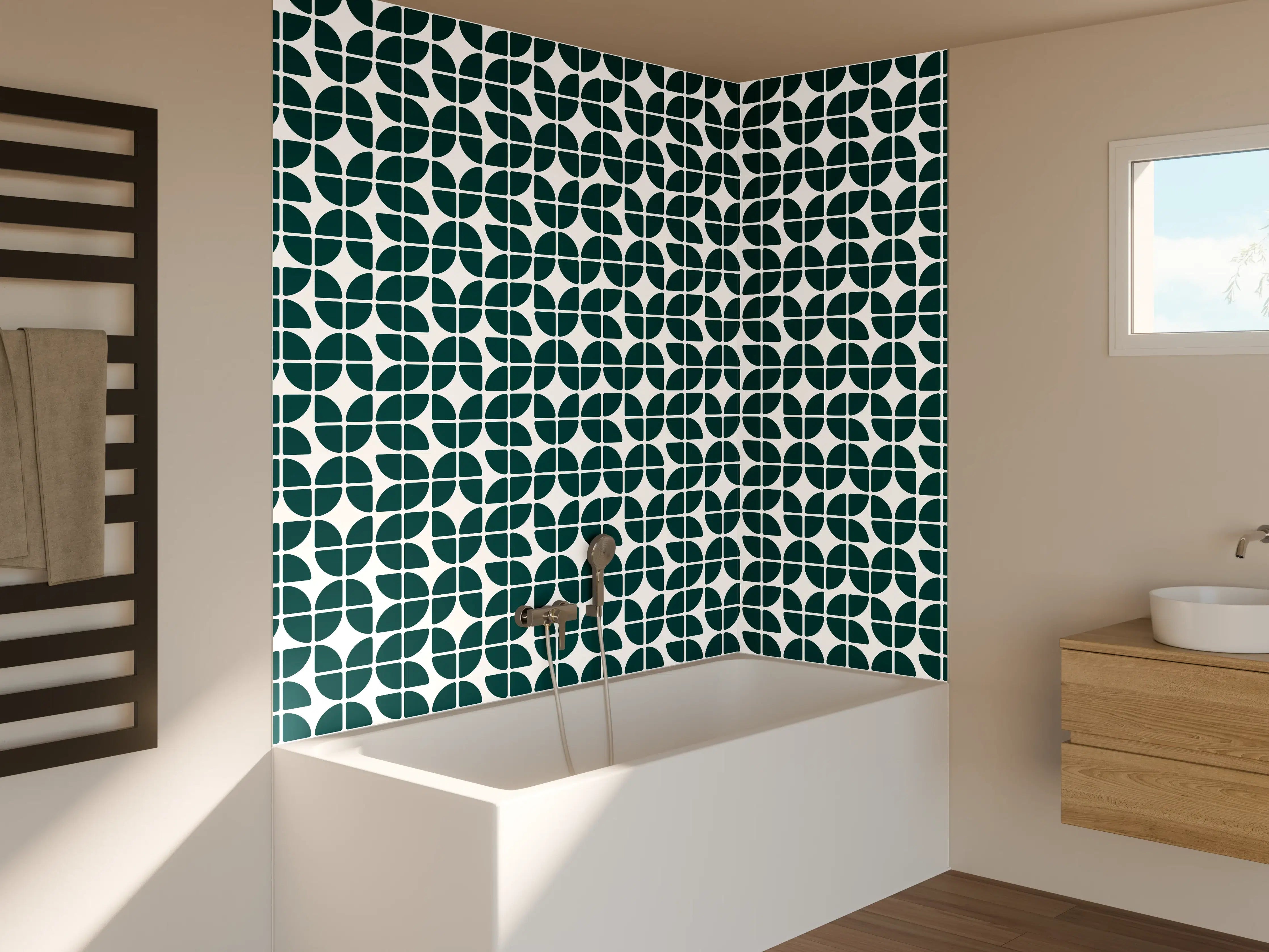 Badewannen-Rückwand - Modisches geometrisches Muster in Dunkelgrün und Weiß