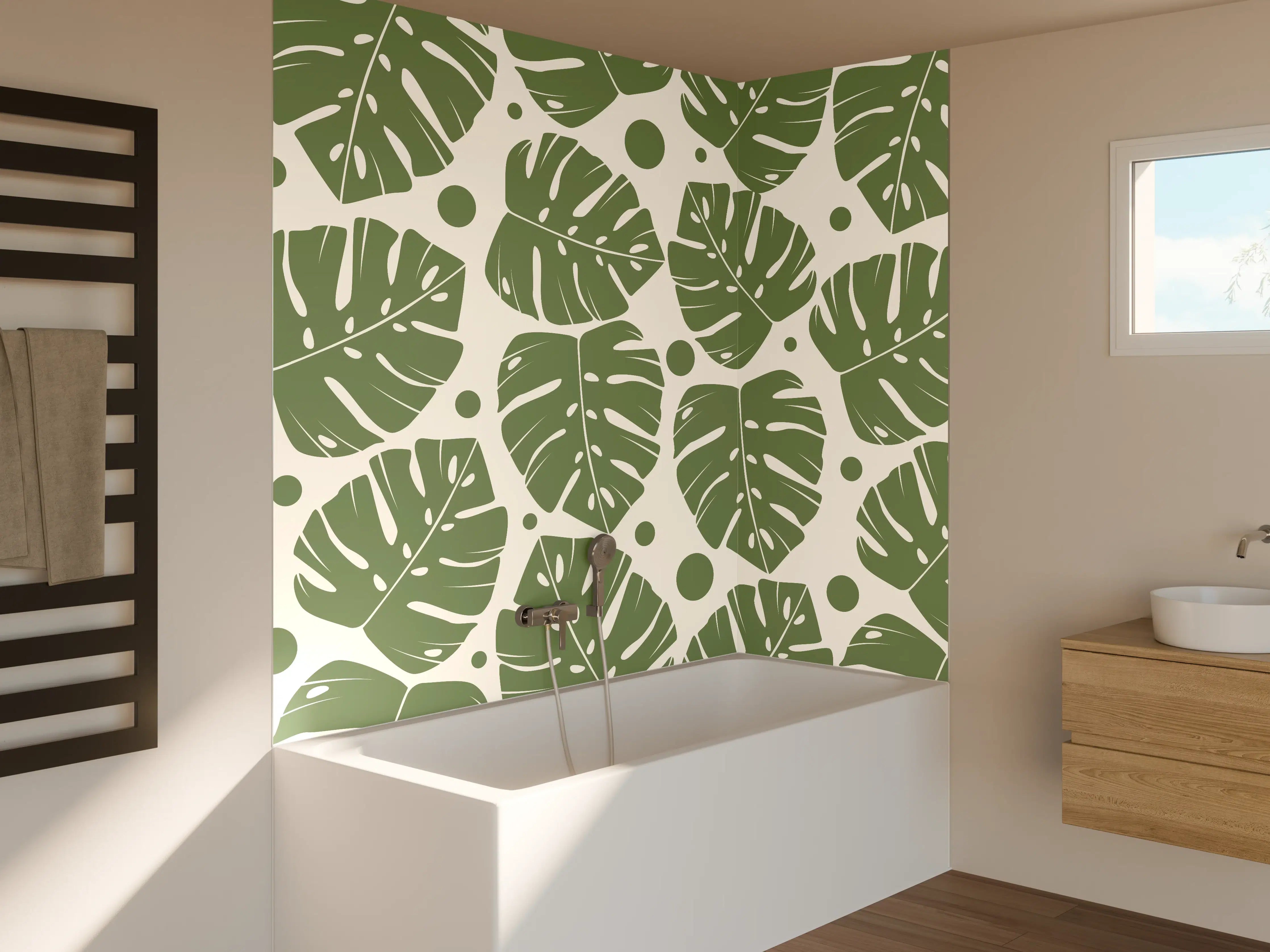 Badewannen-Rückwand - Monstera-Blätter Cremegrün