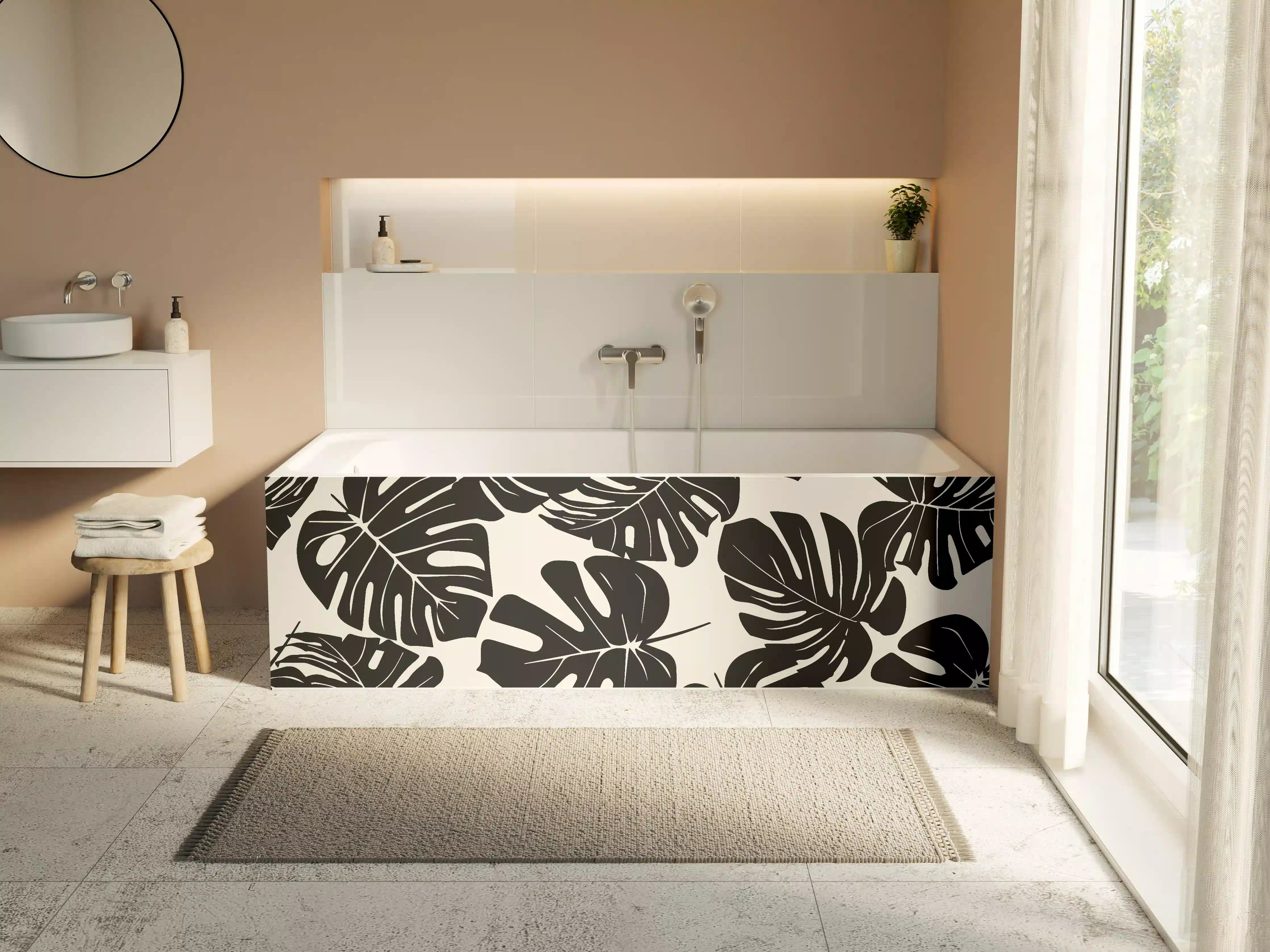 Badewannen-Rückwand - Monstera Schwarz-Beige Muster