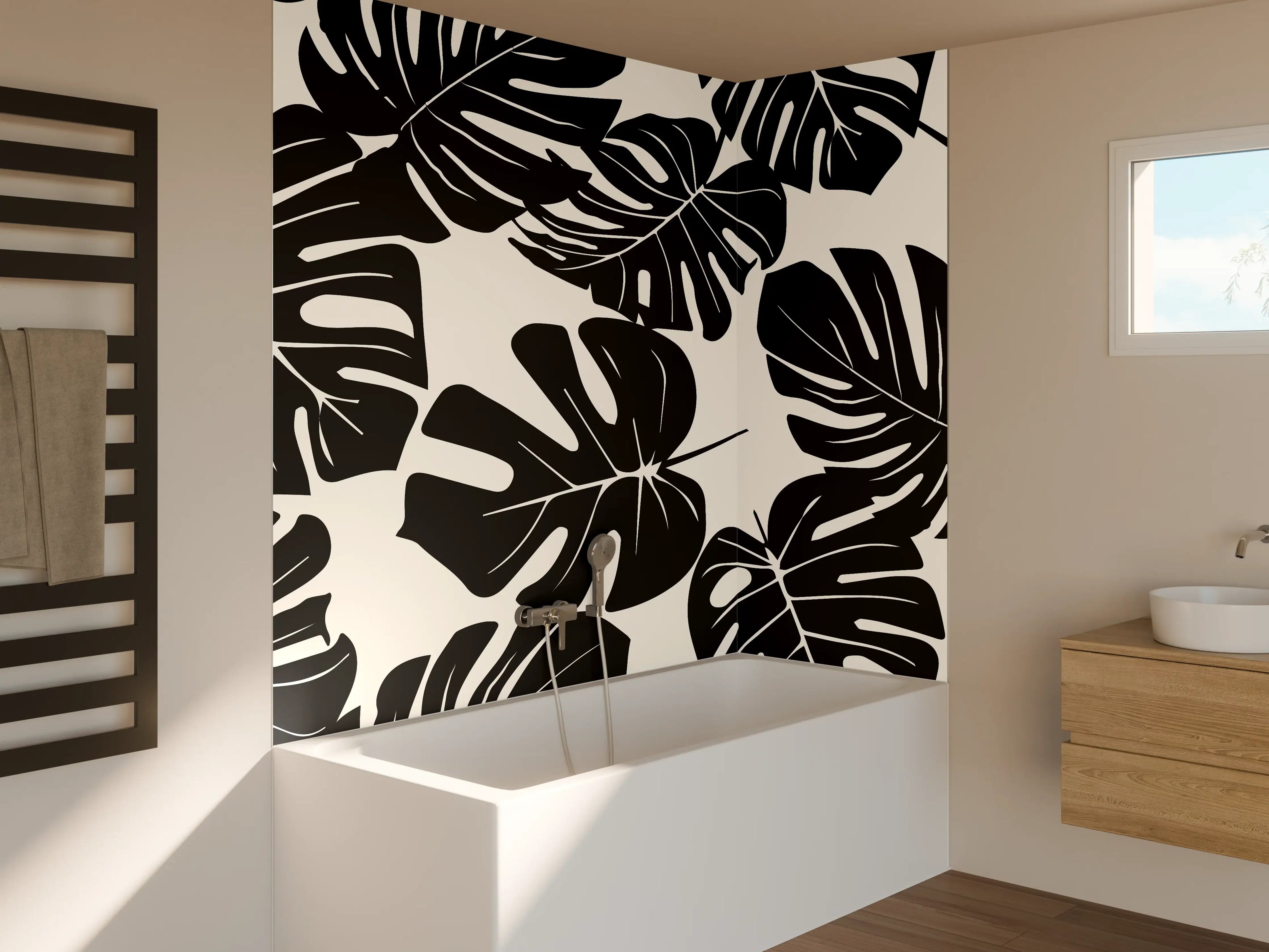 Badewannen-Rückwand - Monstera Schwarz-Beige Muster