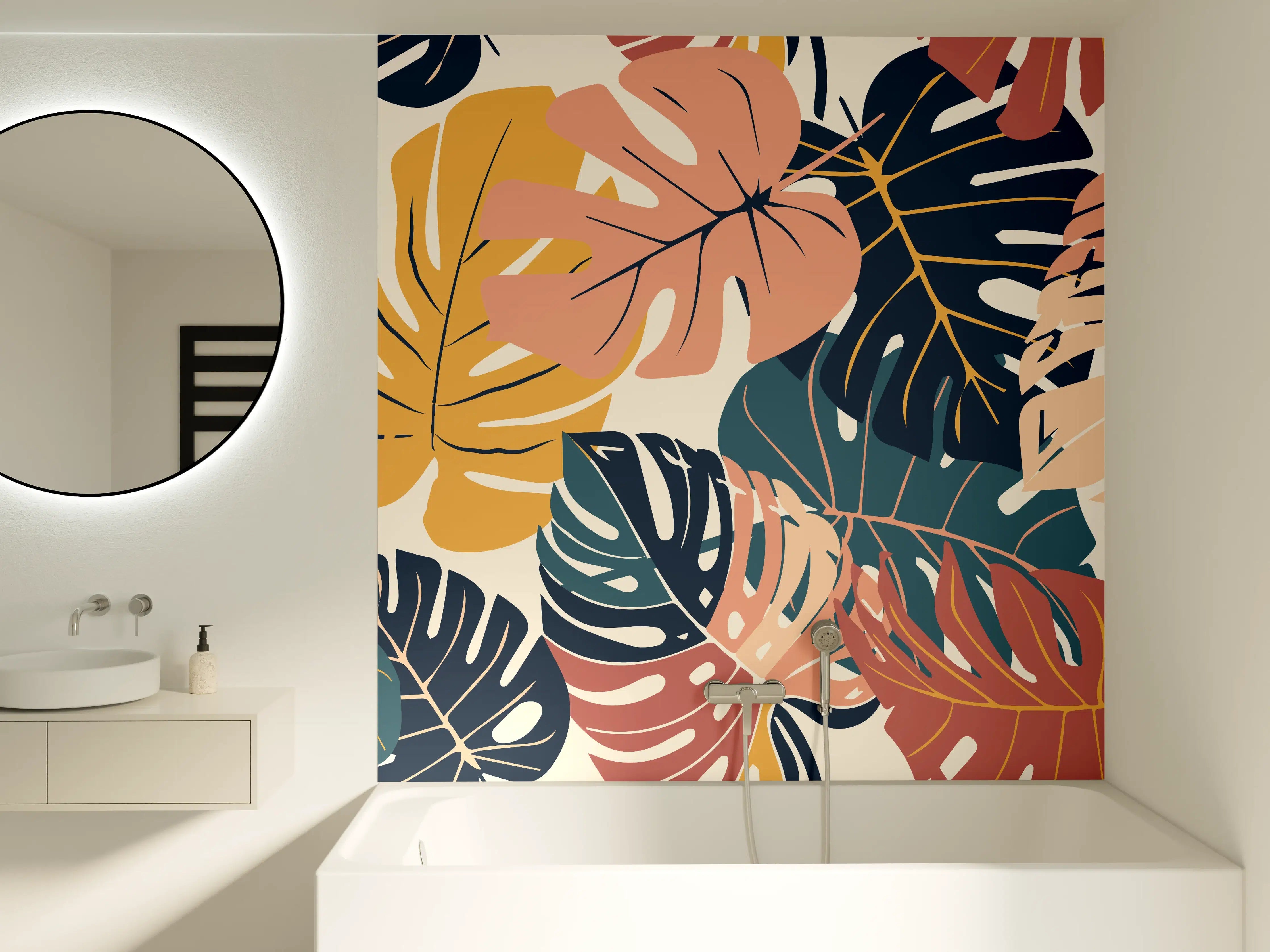 Badewannen-Rückwand - Monstera Tropic Koralle Türkis
