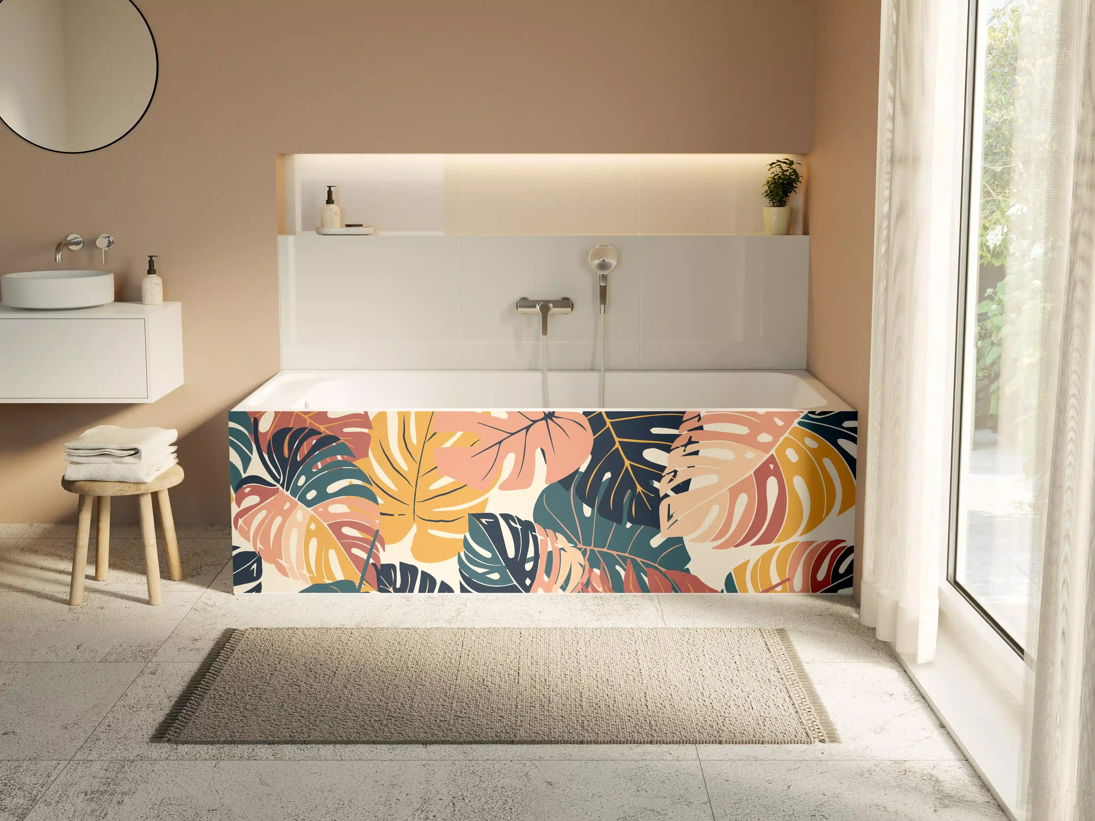 Badewannen-Rückwand - Monstera Tropic Koralle Türkis
