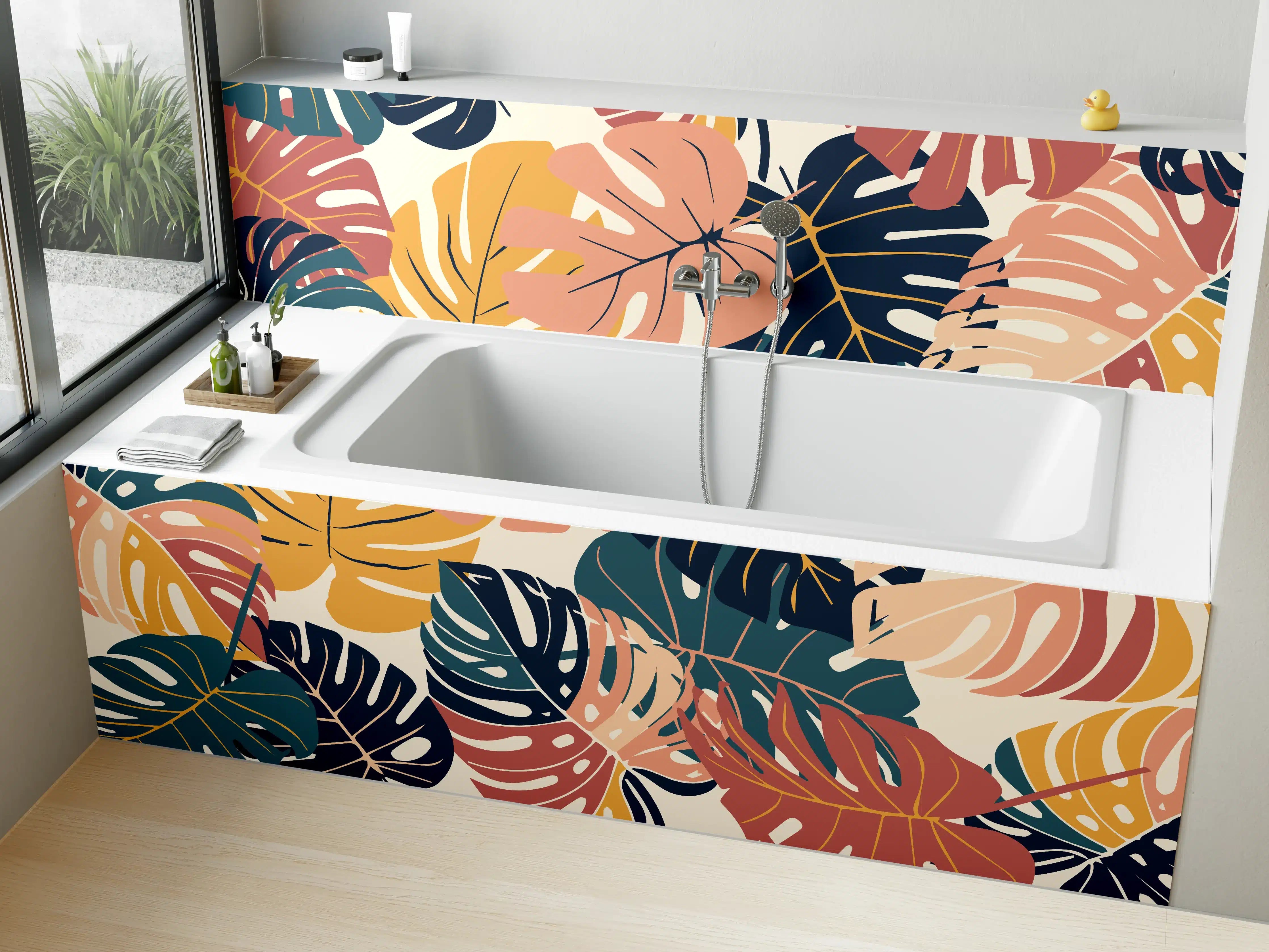 Badewannen-Rückwand - Monstera Tropic Koralle Türkis
