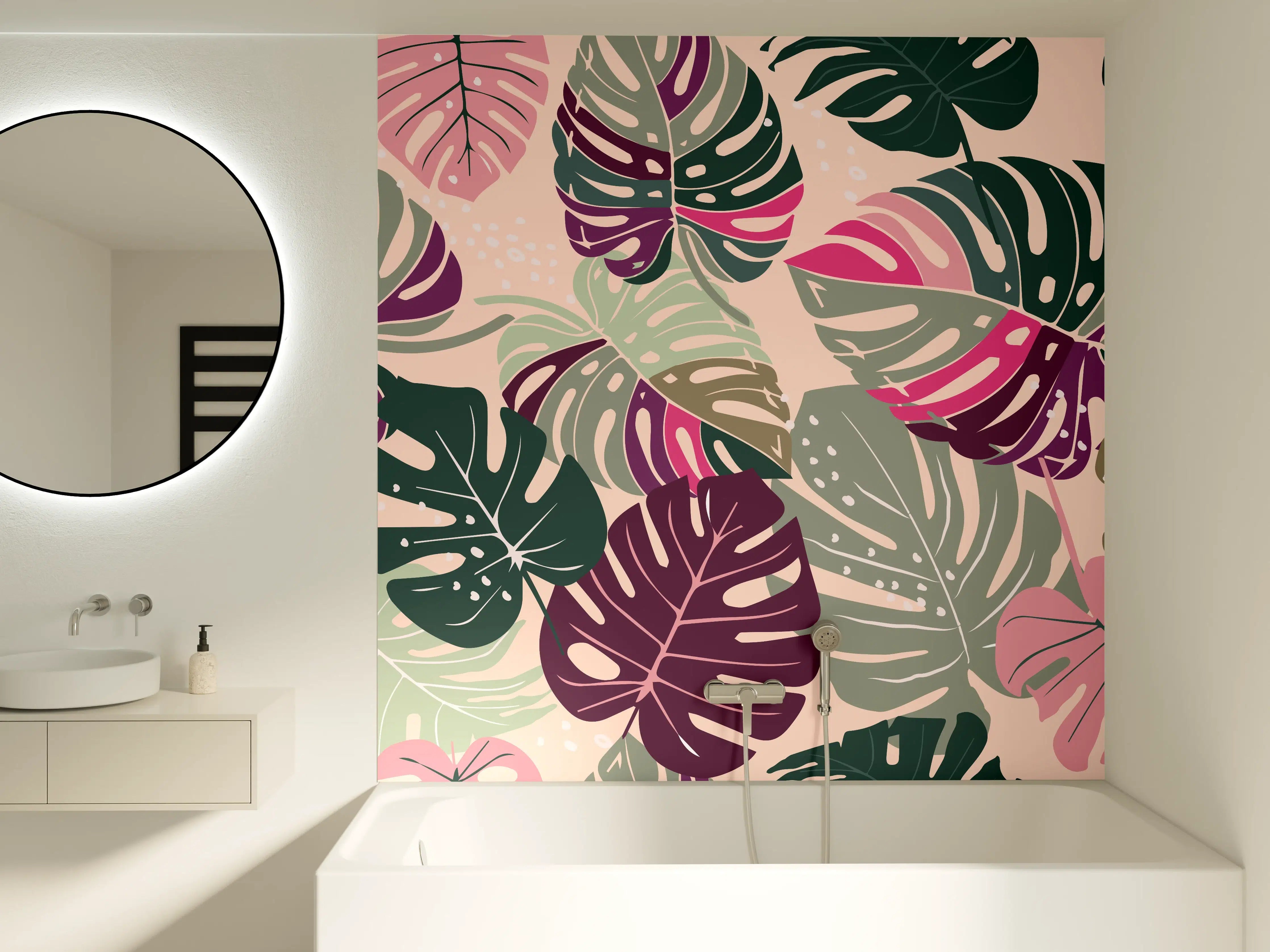 Badewannen-Rückwand - Monstera Tropic Rosa-Grün