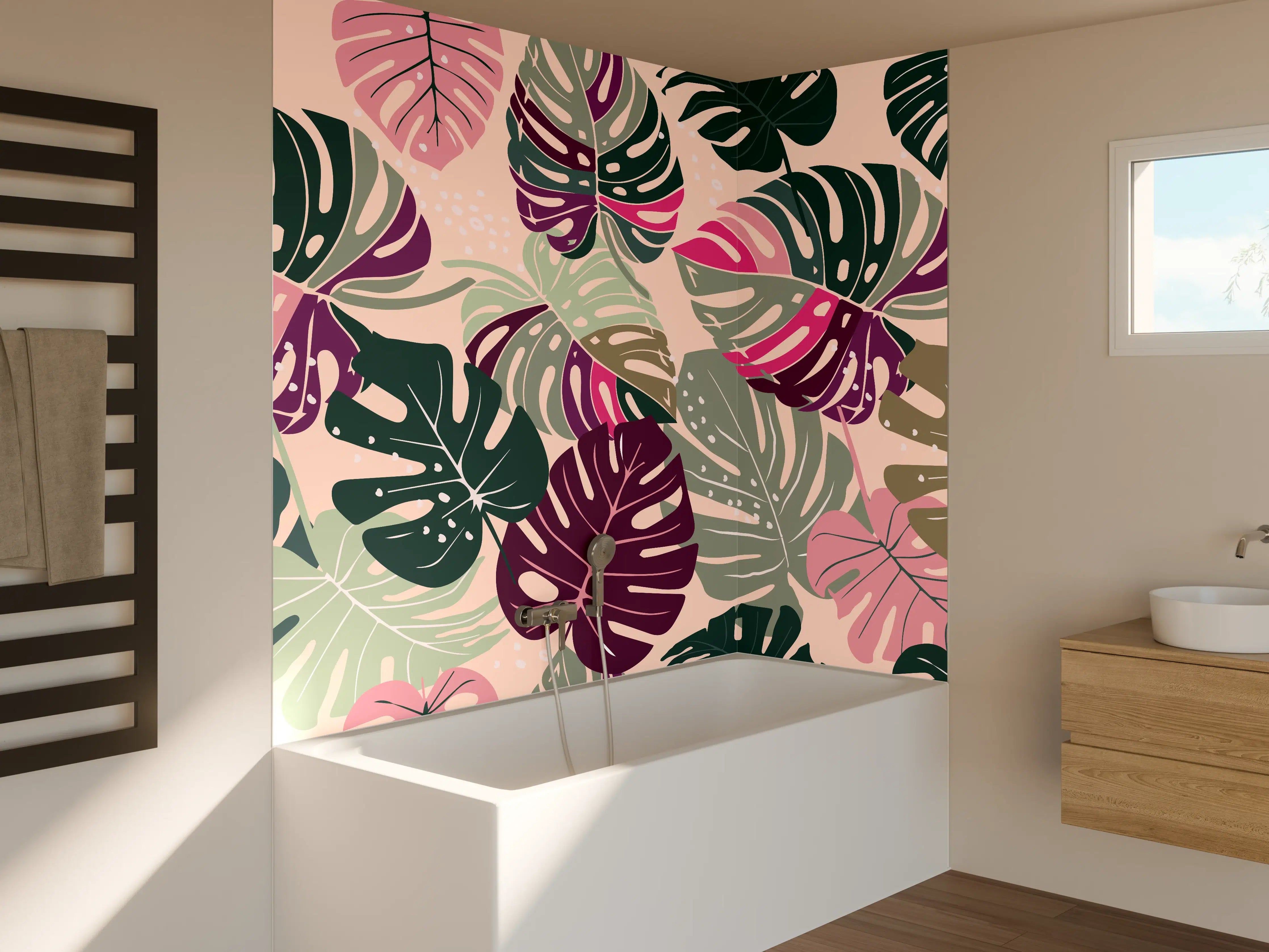 Badewannen-Rückwand - Monstera Tropic Rosa-Grün