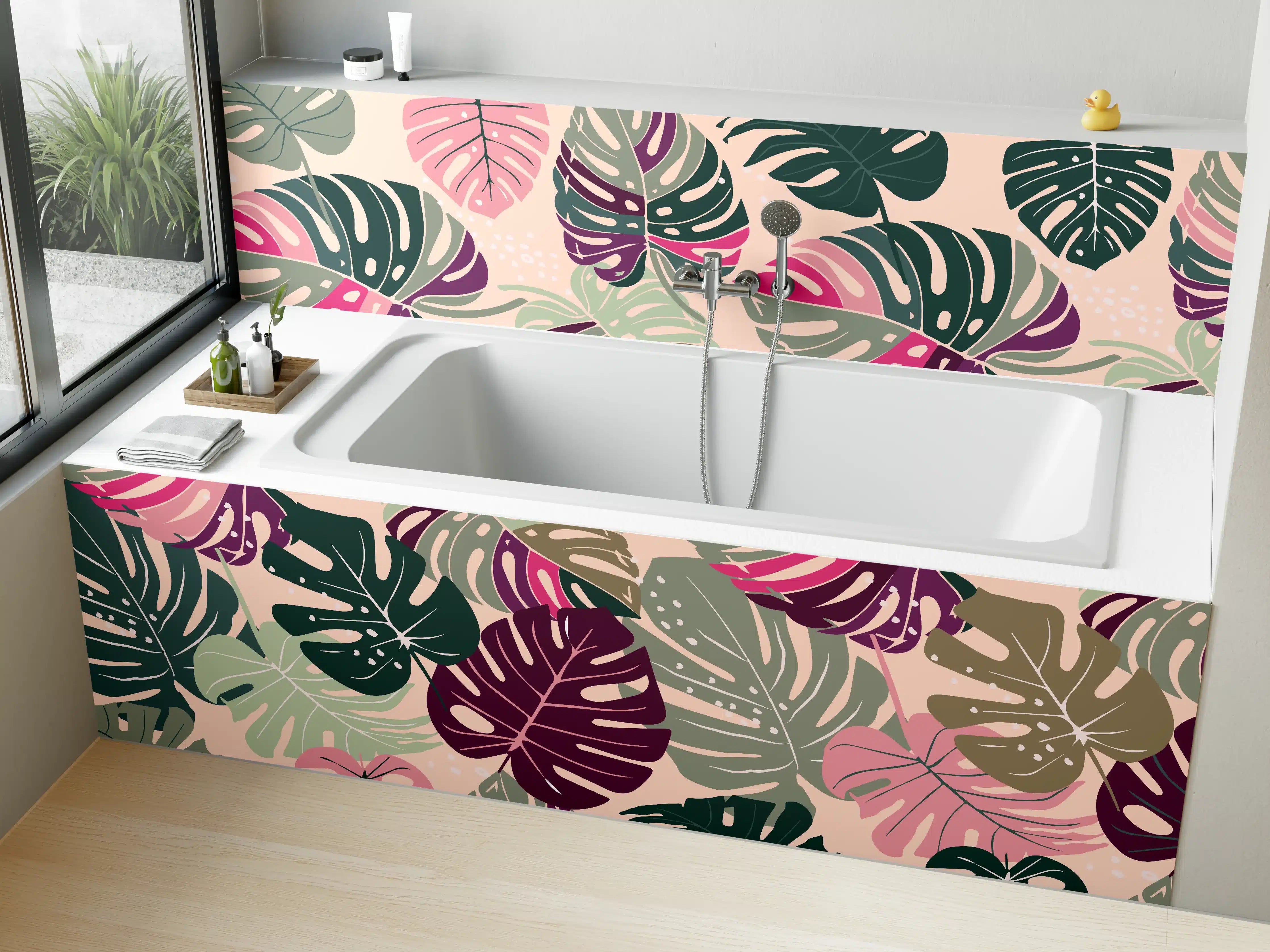 Badewannen-Rückwand - Monstera Tropic Rosa-Grün