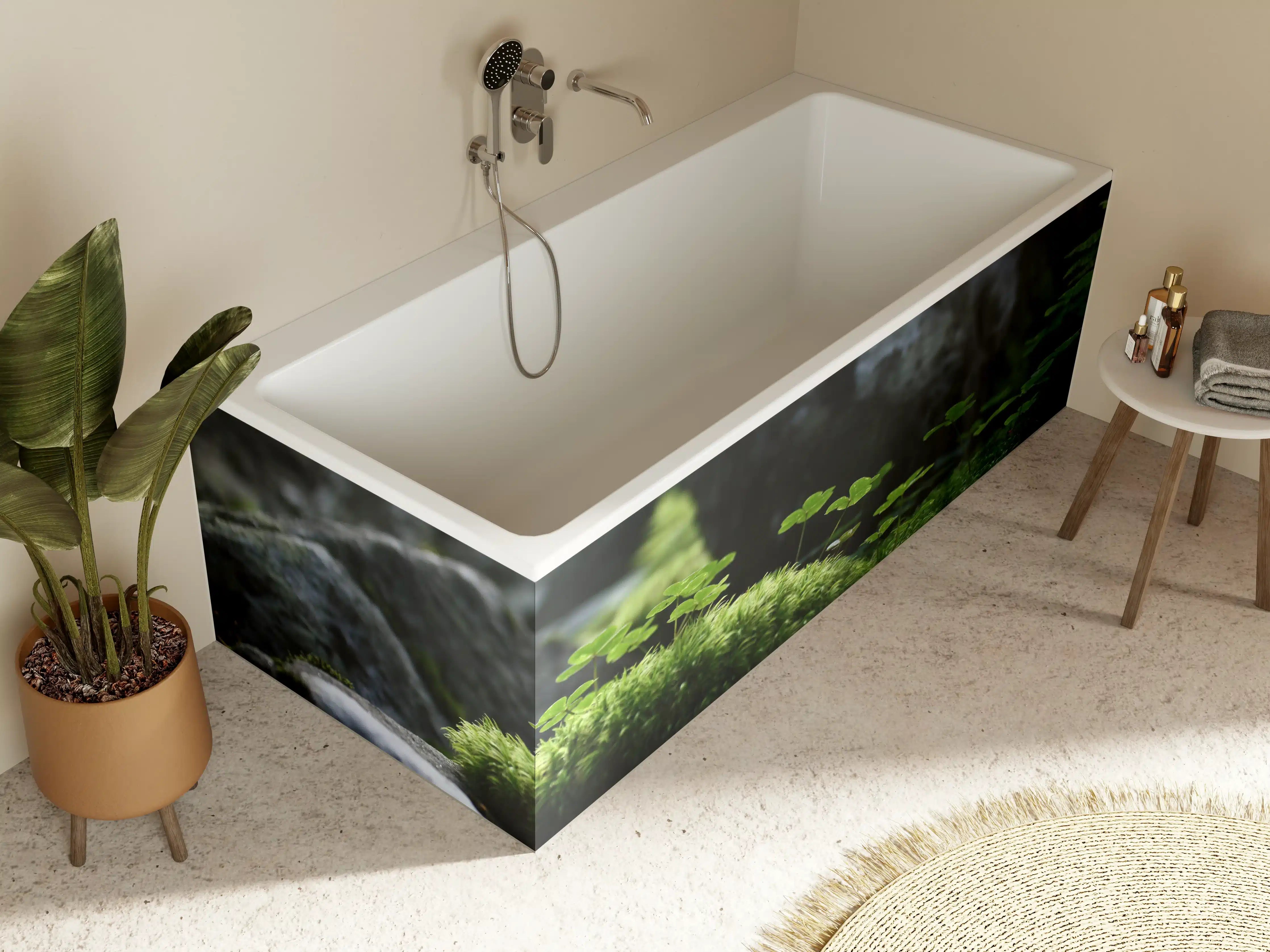 Badewannen-Rückwand - Moosbedeckte Steine im Sonnenlicht