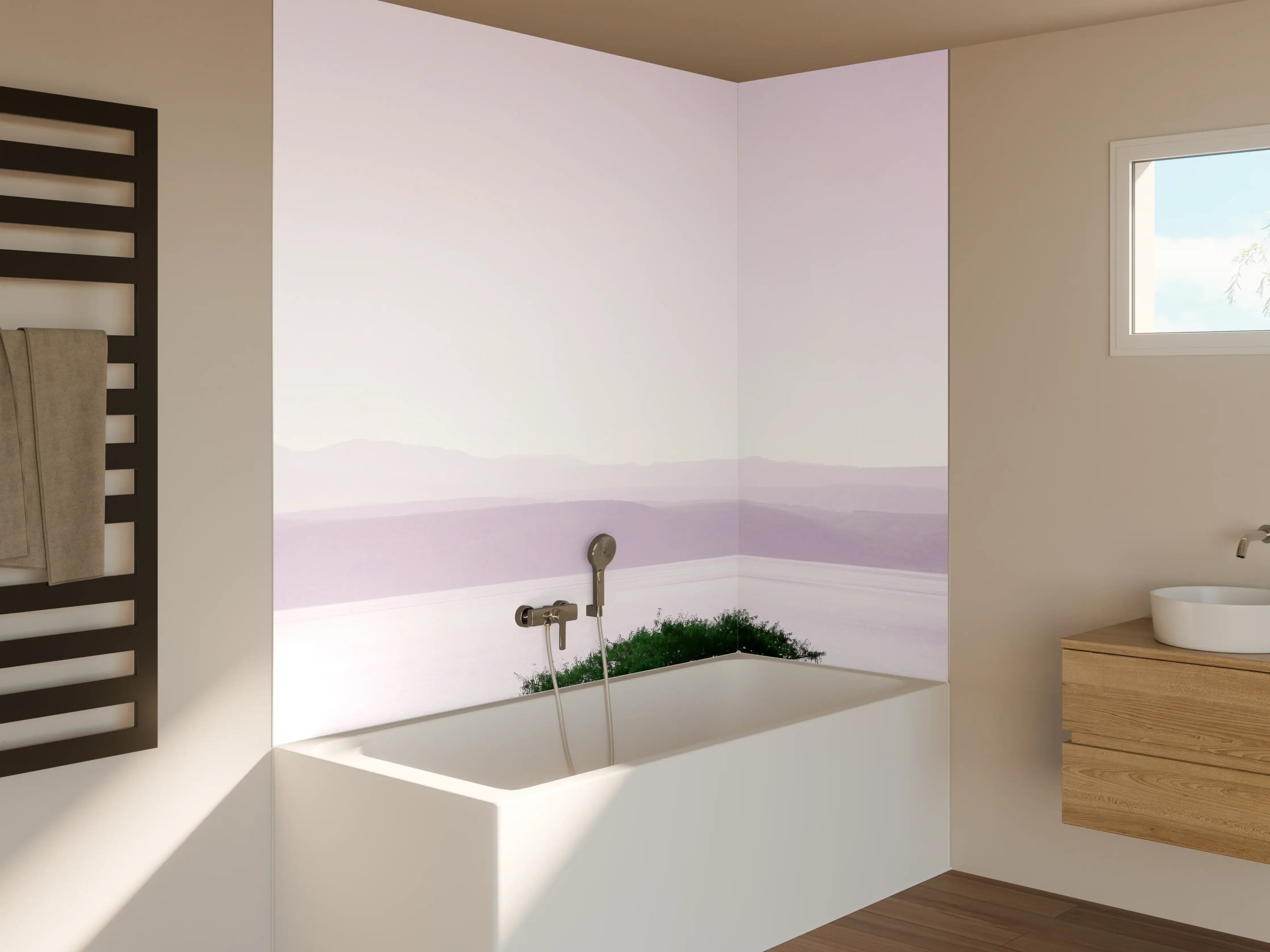Badewannen-Rückwand - Morgendämmerung mit Baum und Meer
