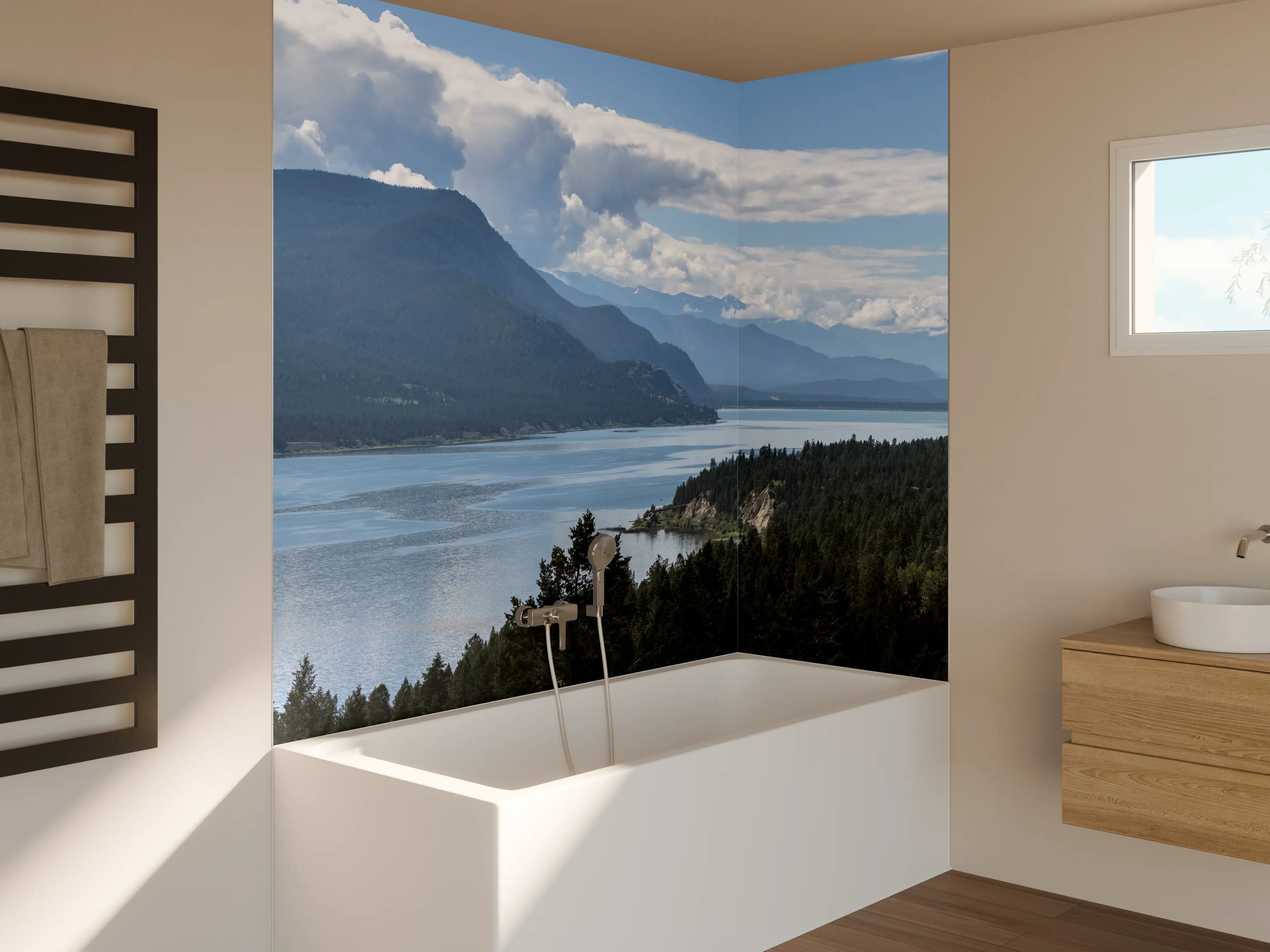 Badewannen-Rückwand - Morgennebel über den Gipfeln des Fairmont Ridge