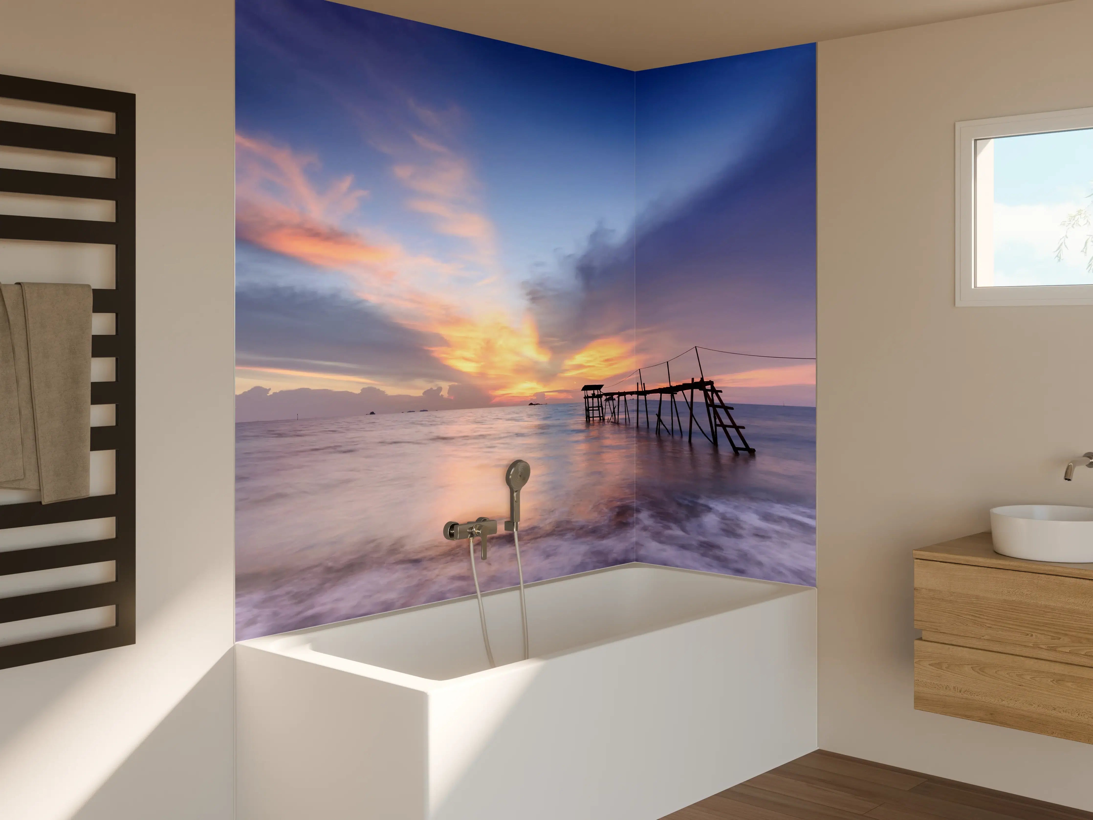 Badewannen-Rückwand - Morgennebel über grauem Meer