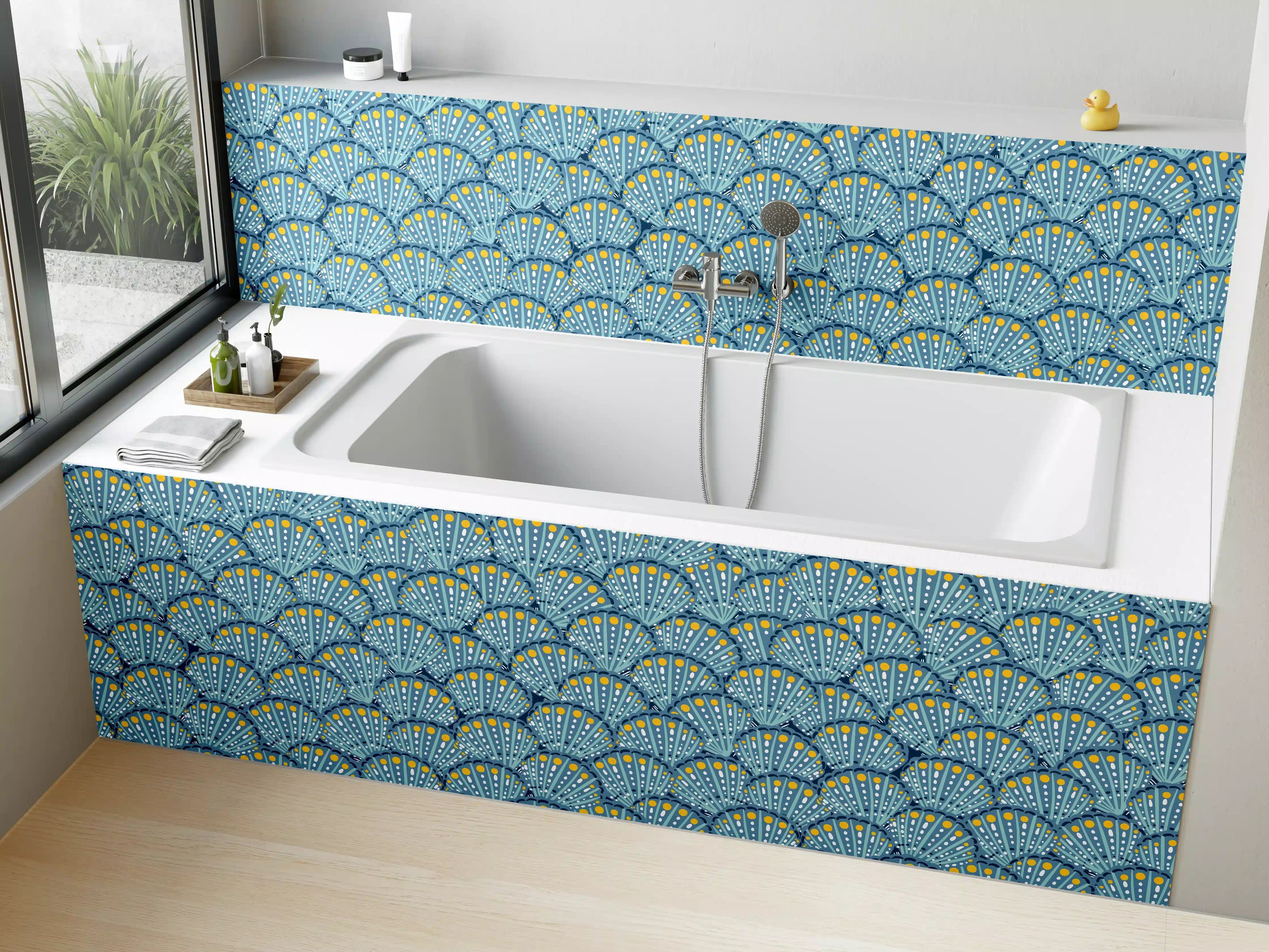 Badewannen-Rückwand - Muschel-Muster Blau-Gelb