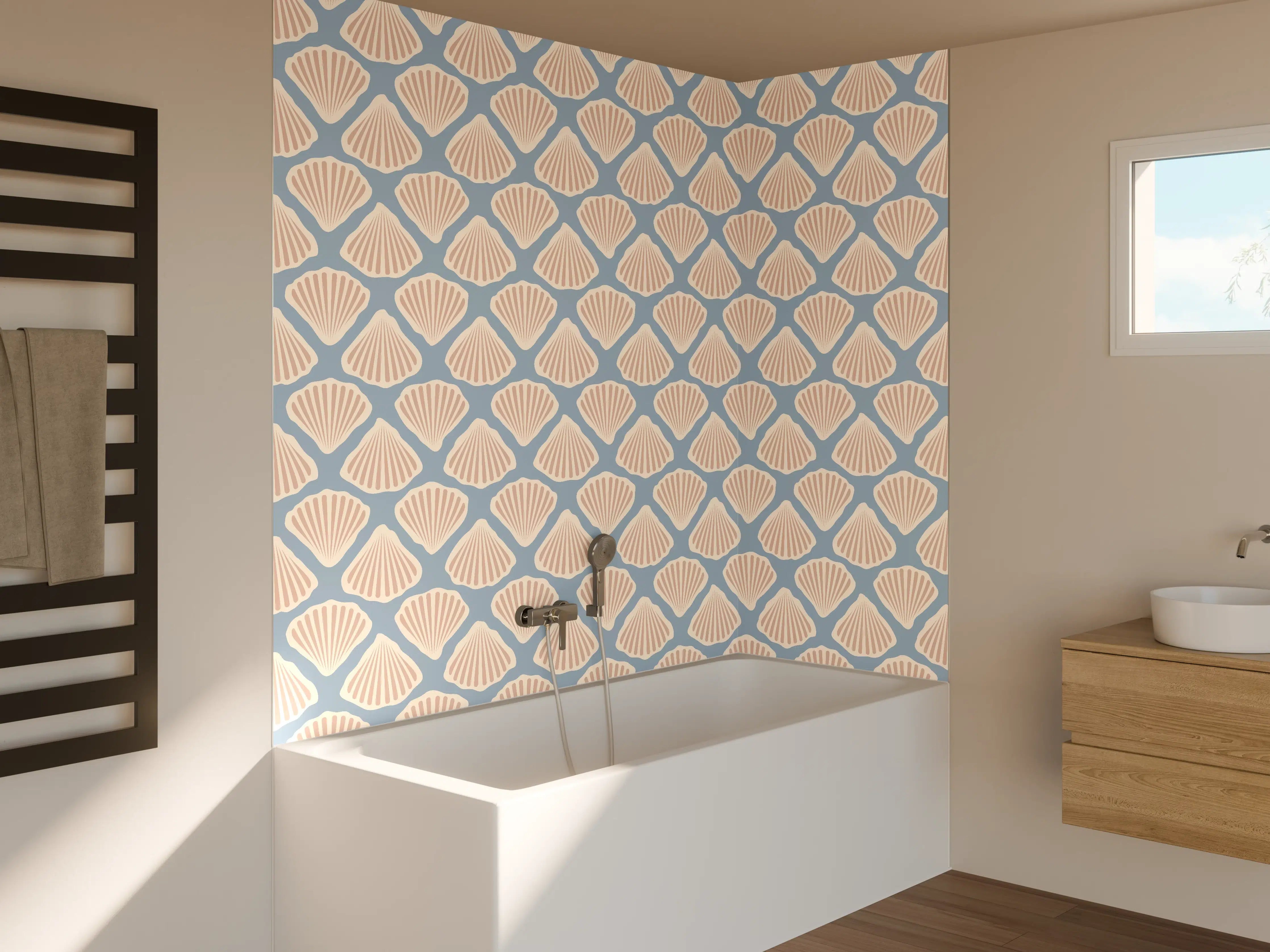 Badewannen-Rückwand - Muschel-Muster Türkis-Beige Tapete