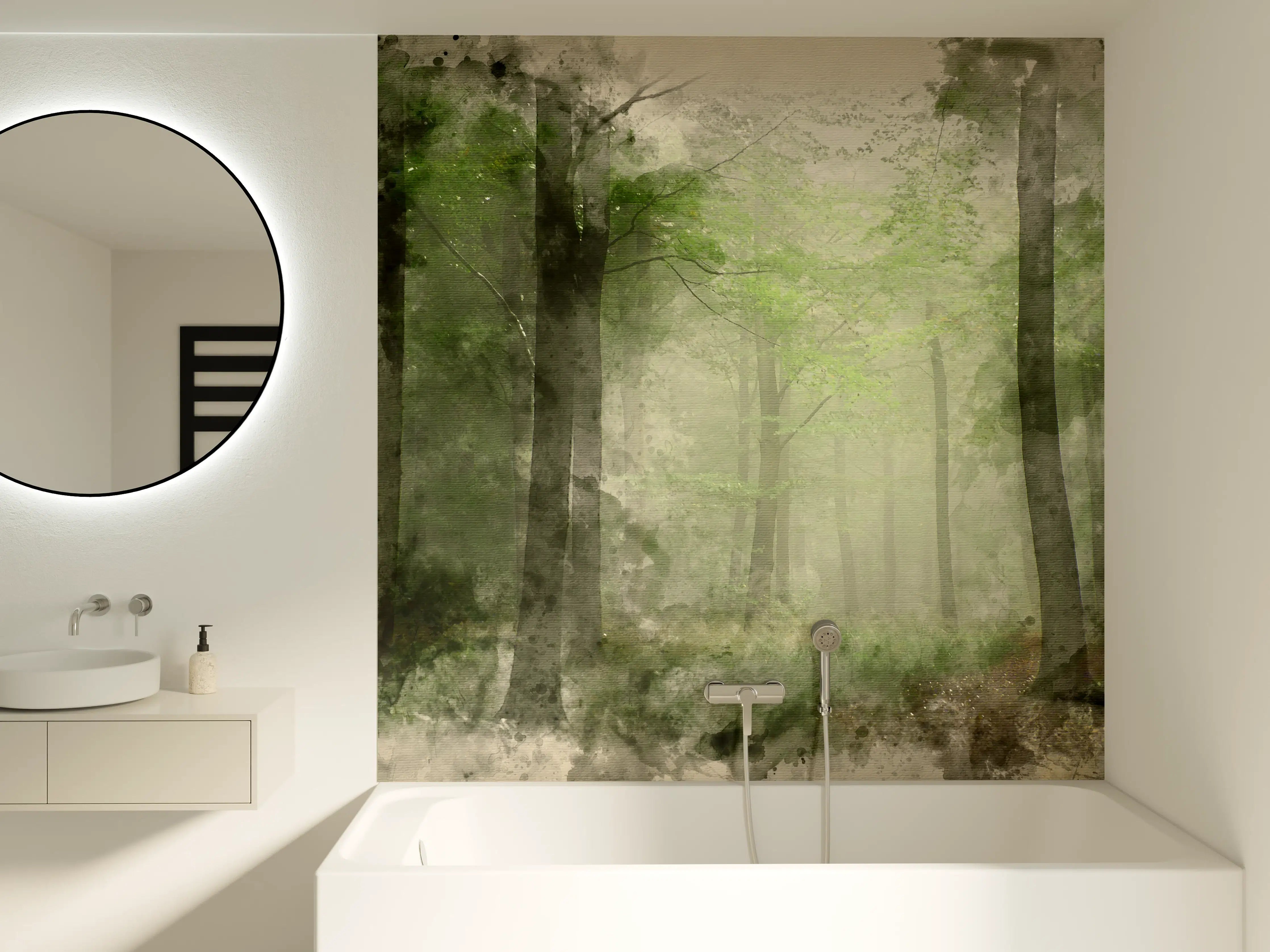 Badewannen-Rückwand - Mystischer Wald mit Lichtspiel