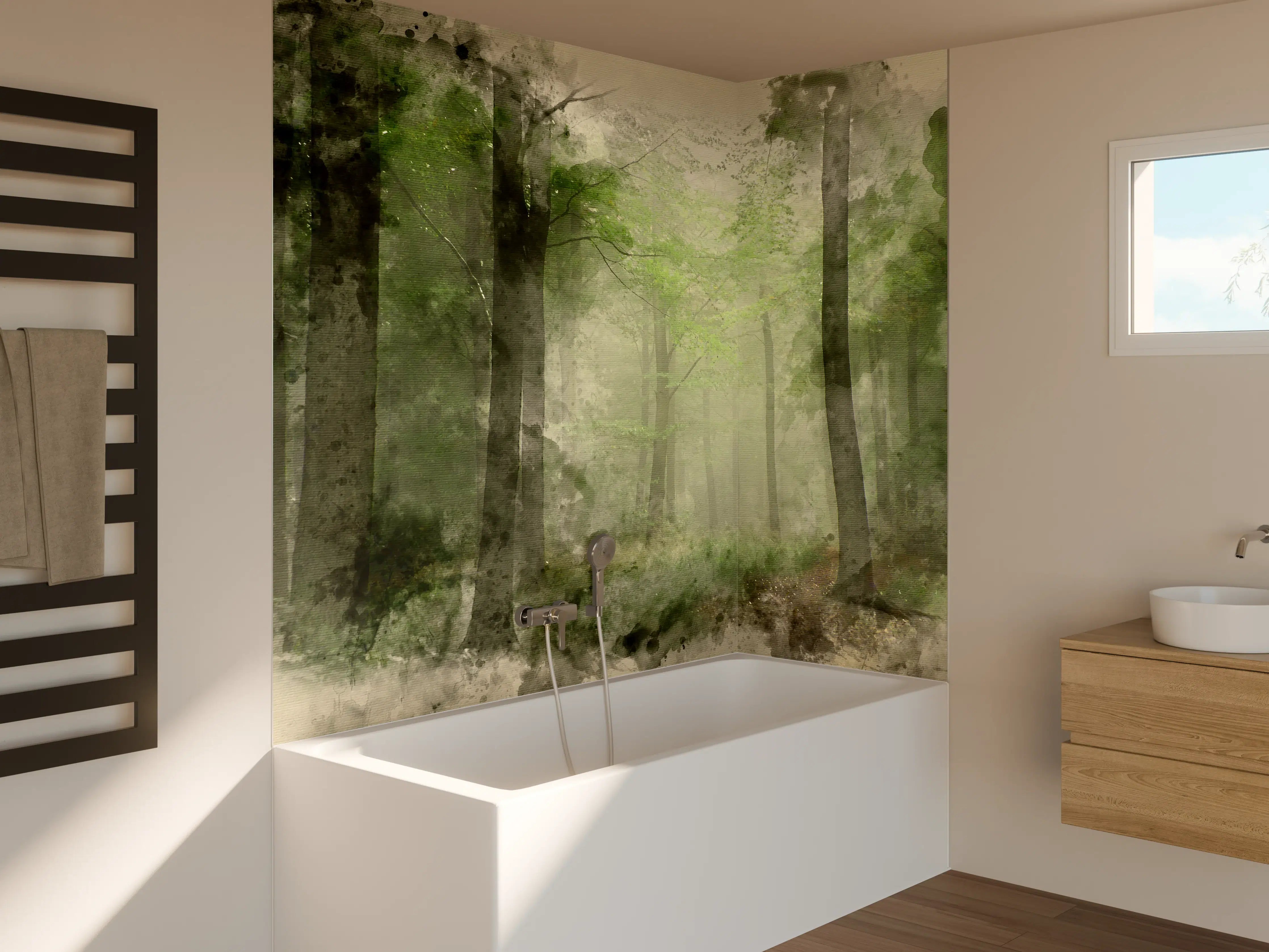 Badewannen-Rückwand - Mystischer Wald mit Lichtspiel