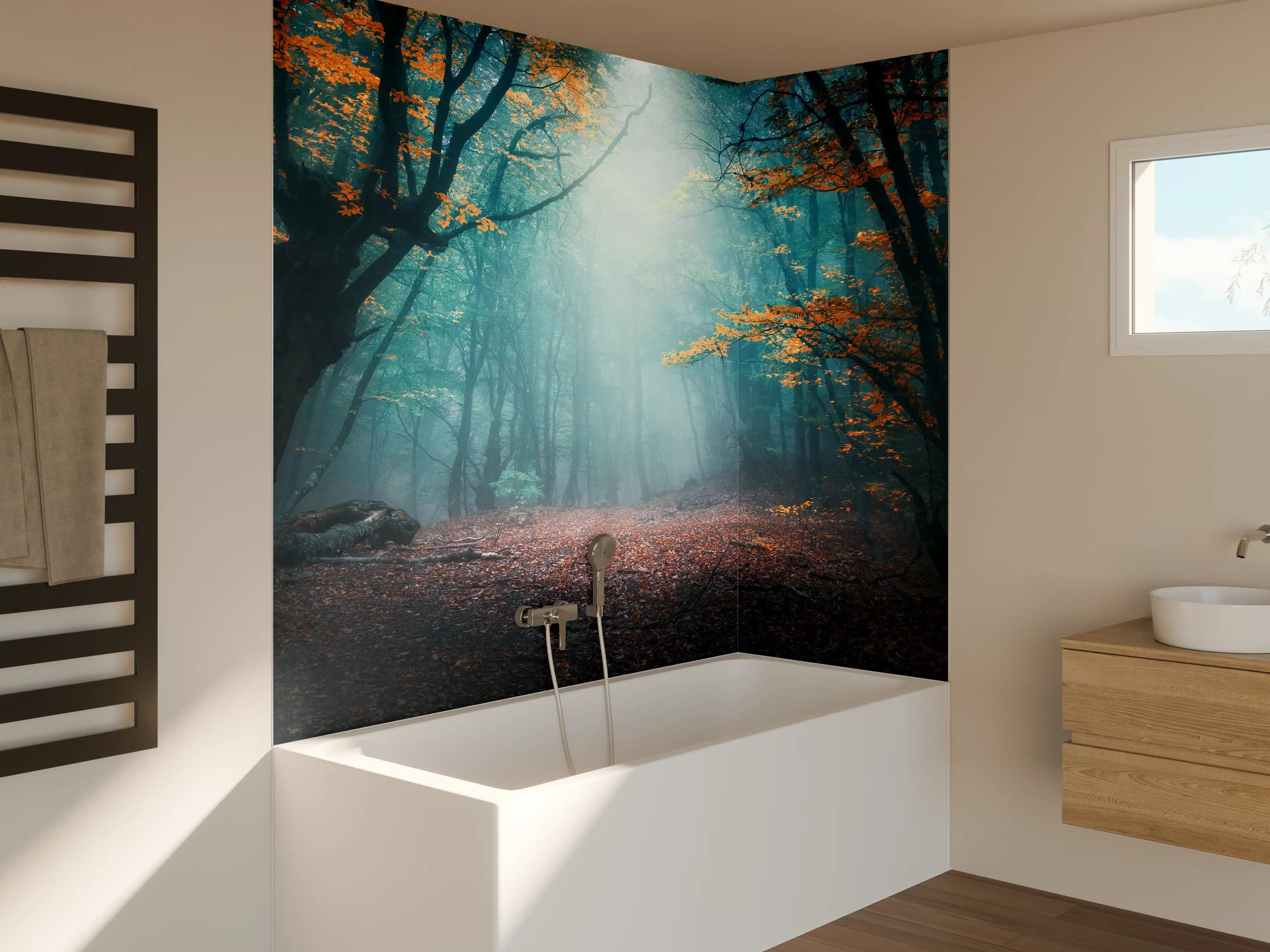 Badewannen-Rückwand - Mystischer Wald mit Sonnenlicht im Herbst