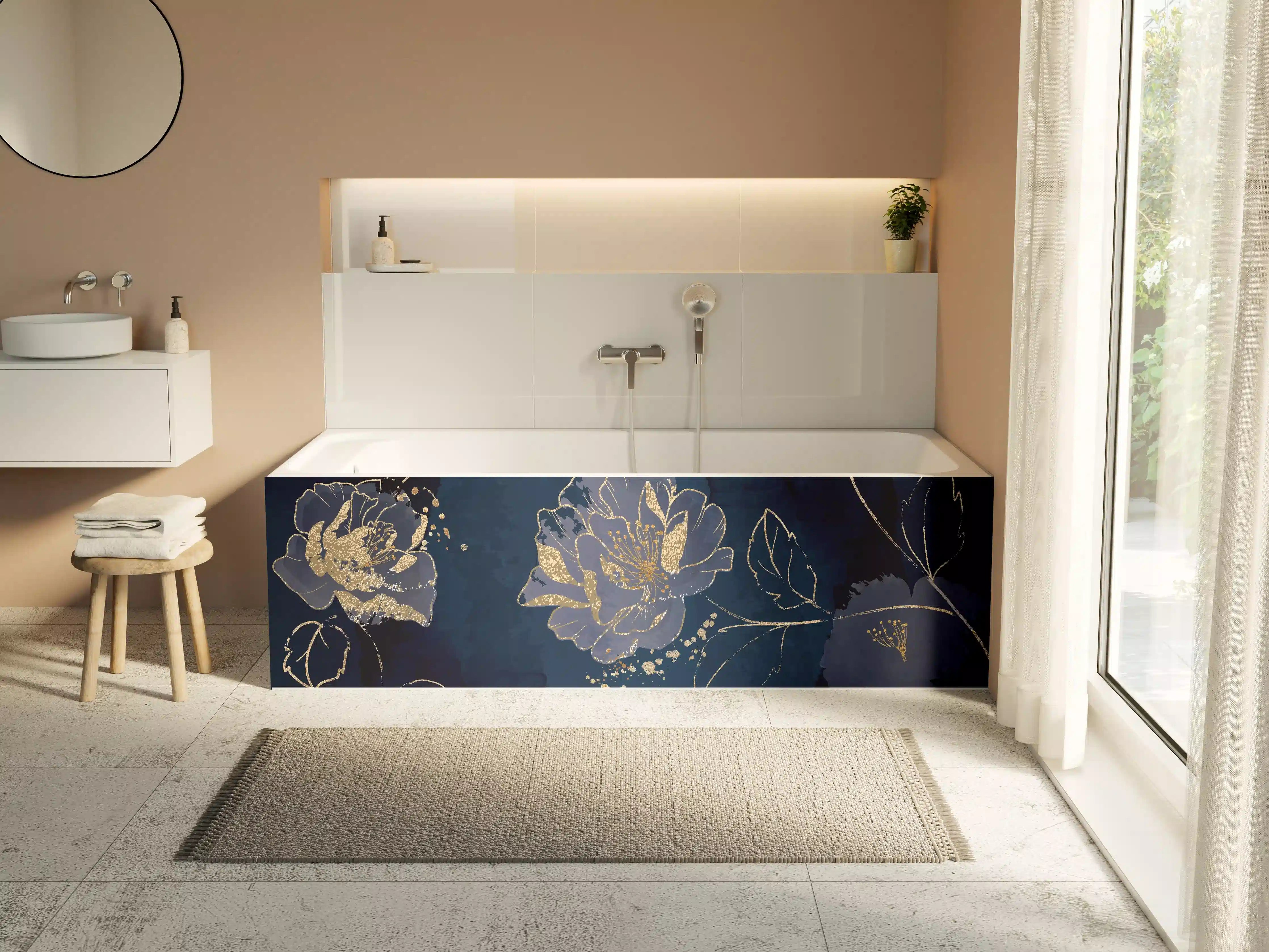Badewannen-Rückwand - Nachtblaue Blumen Goldakzente