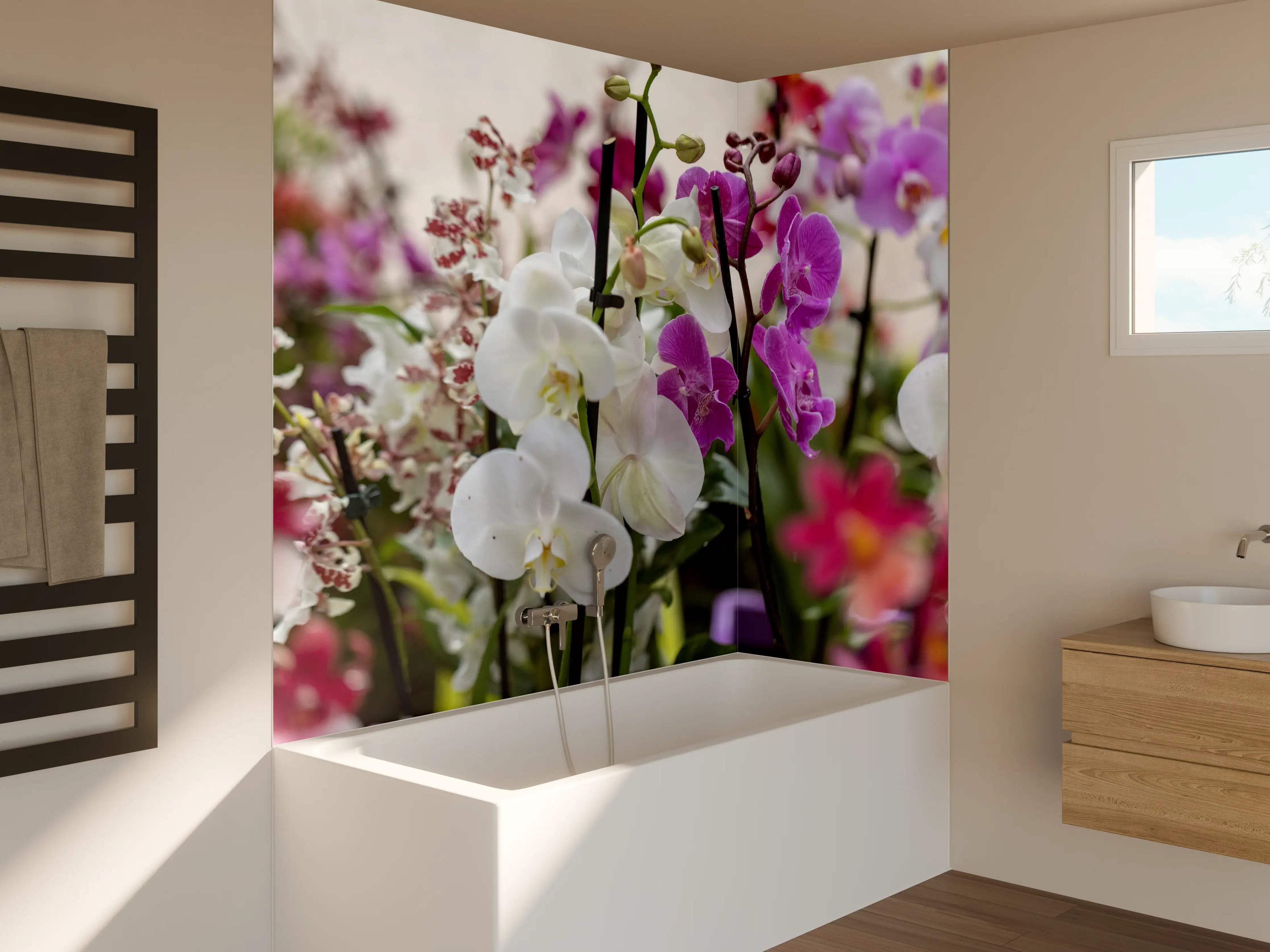 Badewannen-Rückwand - Nahaufnahme von bunten Orchideen