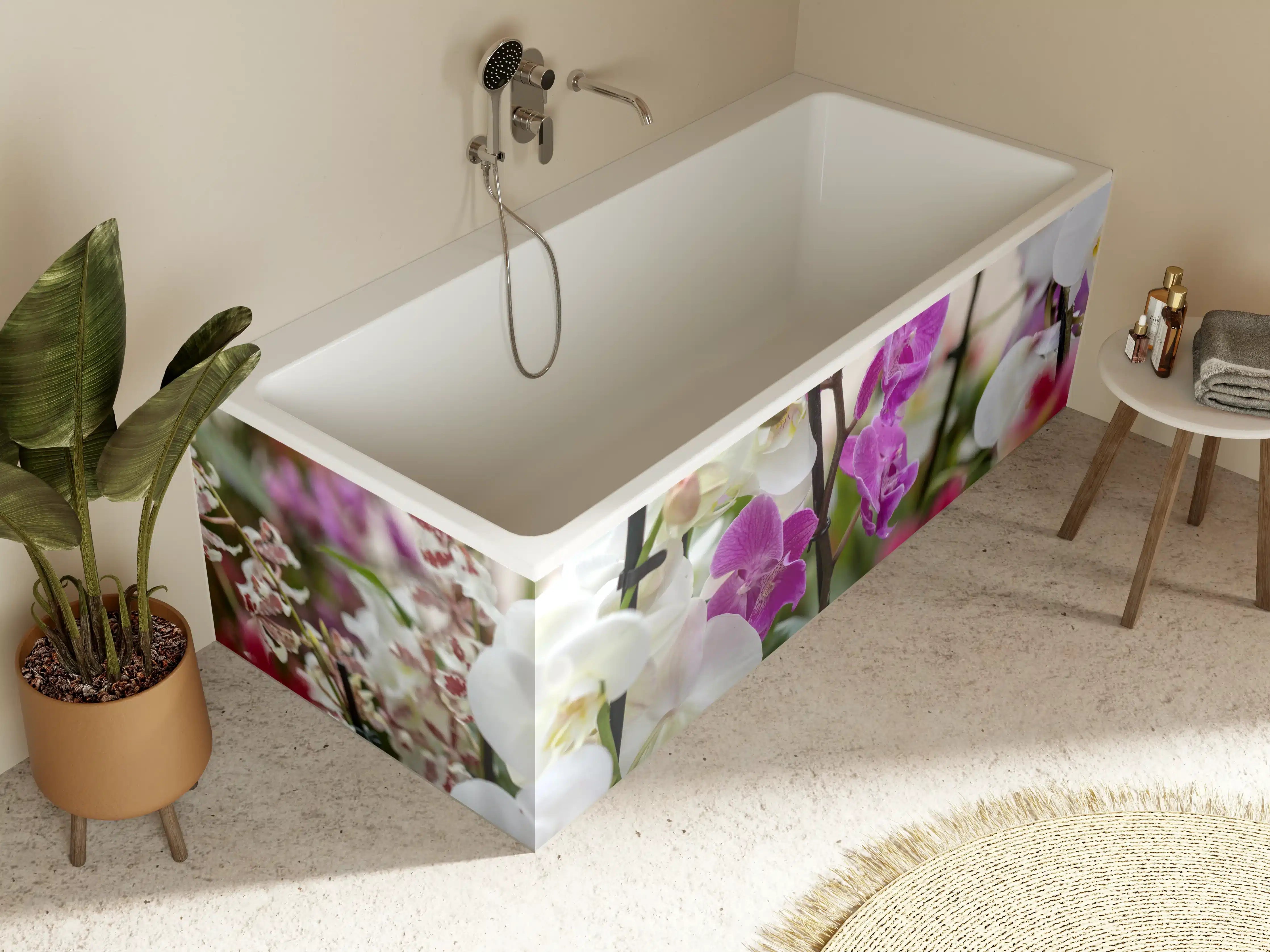 Badewannen-Rückwand - Nahaufnahme von bunten Orchideen