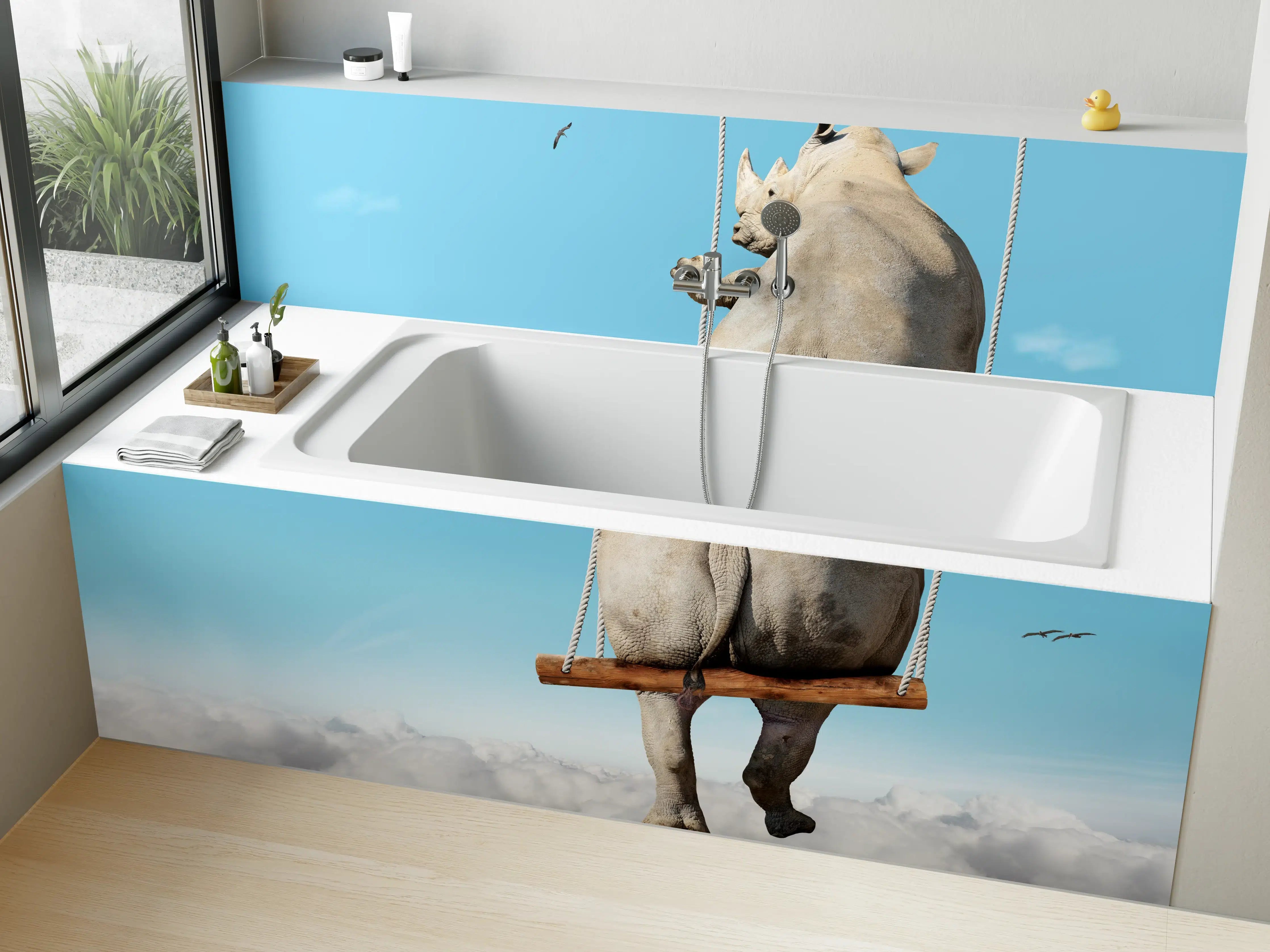 Badewannen-Rückwand - Nashorn schaukelt über den Wolken
