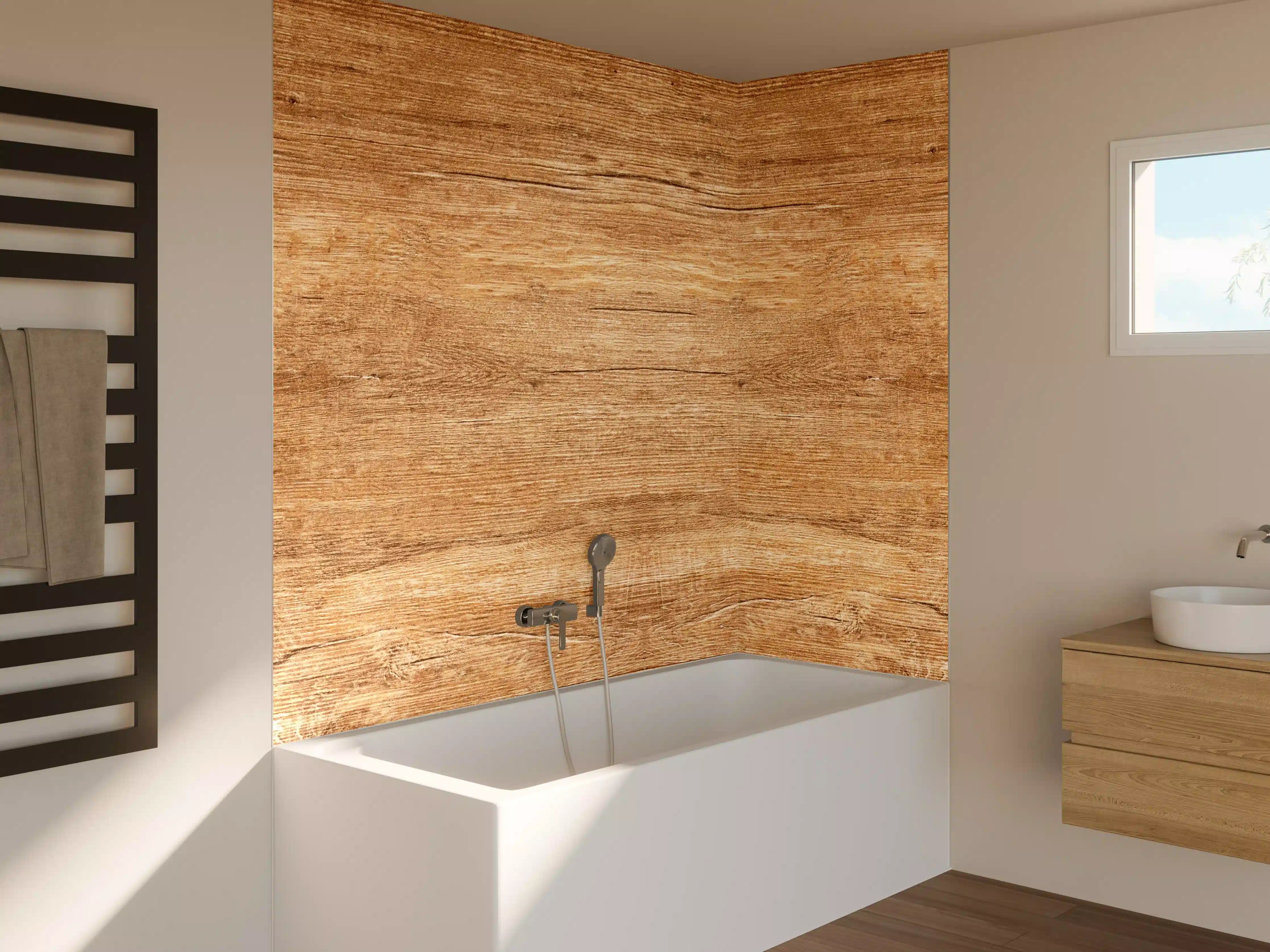 Badewannen-Rückwand - Natürliche Holztextur in warmen Brauntönen