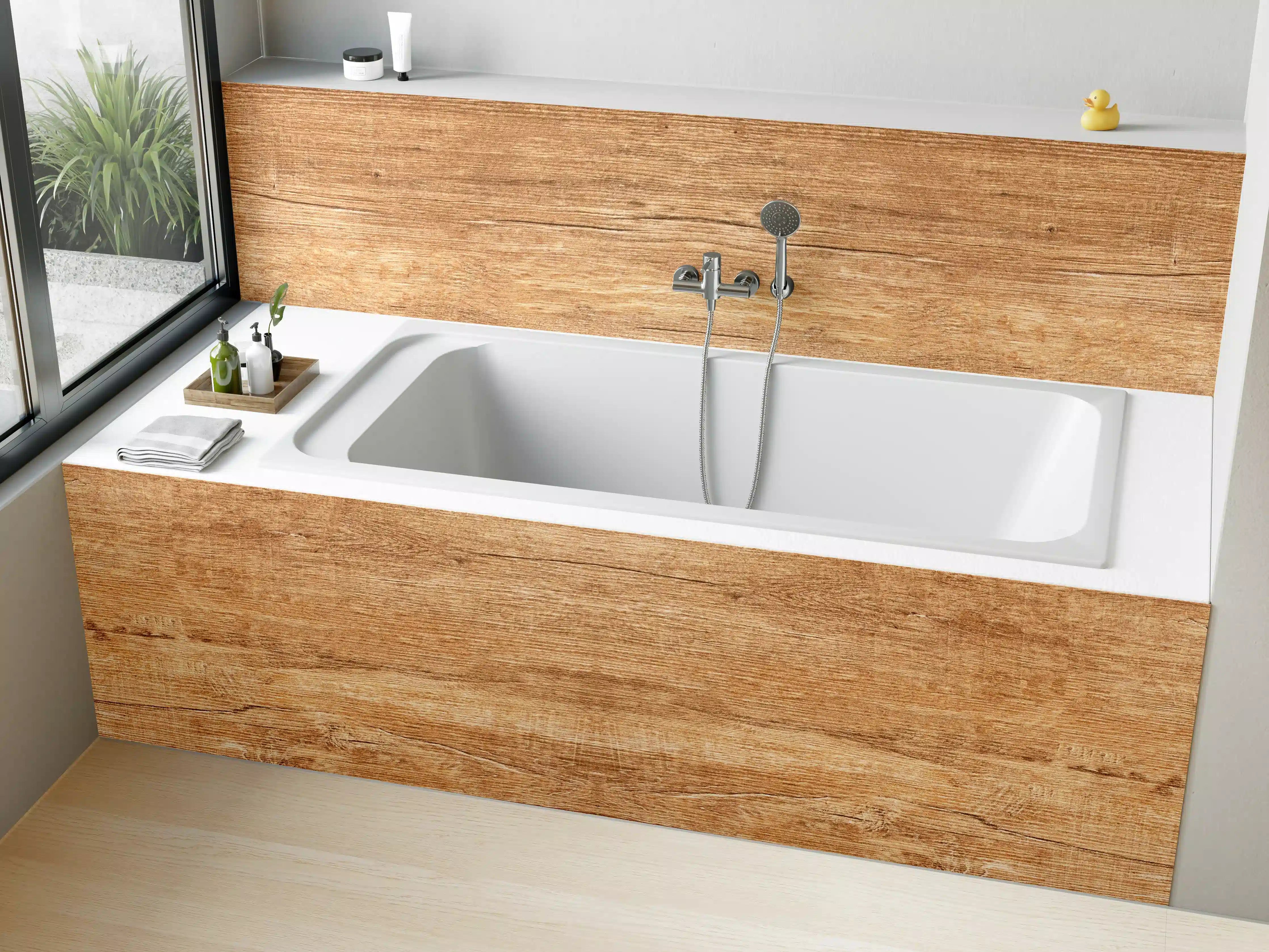 Badewannen-Rückwand - Natürliche Holztextur in warmen Brauntönen