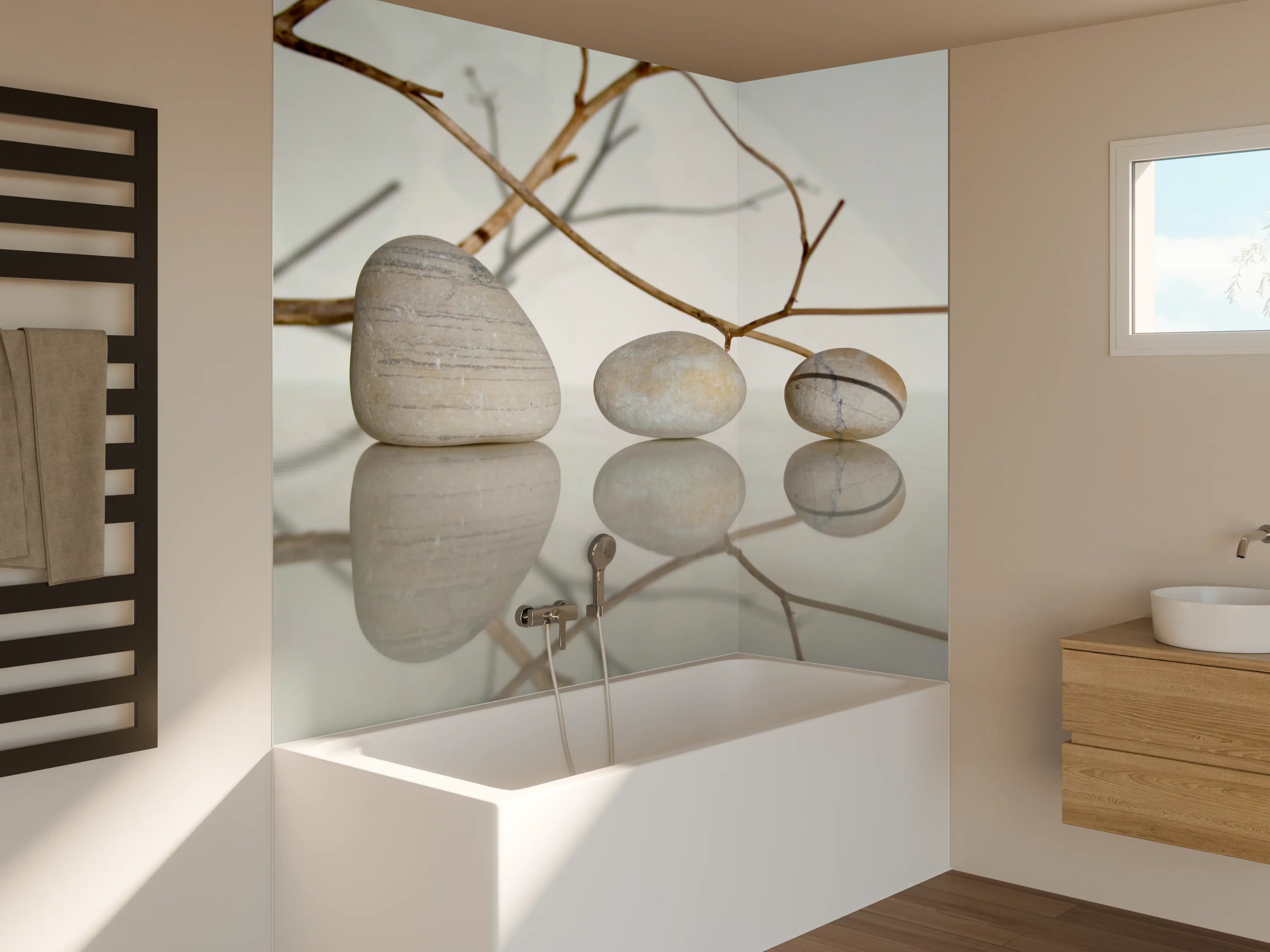 Badewannen-Rückwand - Natürliche Steine mit Zweig