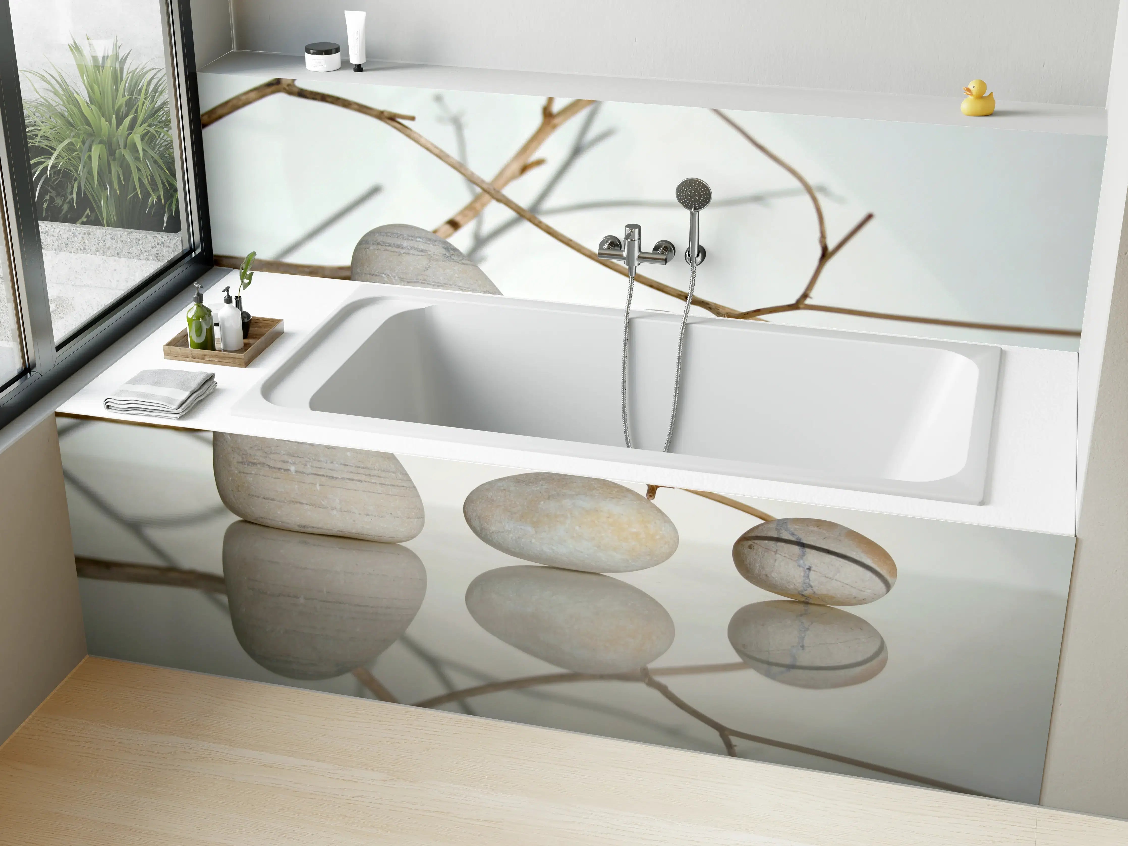 Badewannen-Rückwand - Natürliche Steine mit Zweig