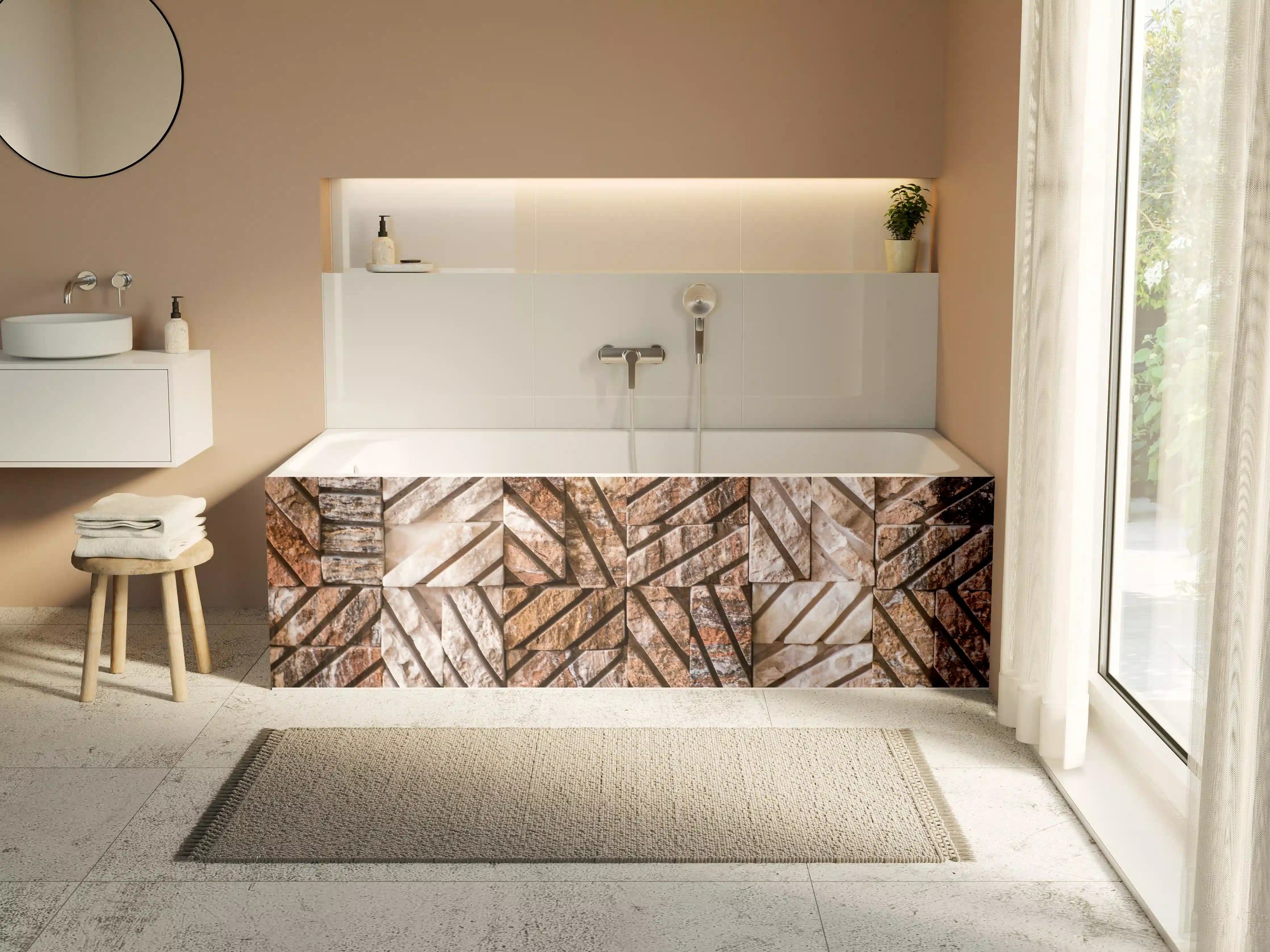 Badewannen-Rückwand - Naturbelassene Holzpflöcke in Musteranordnung