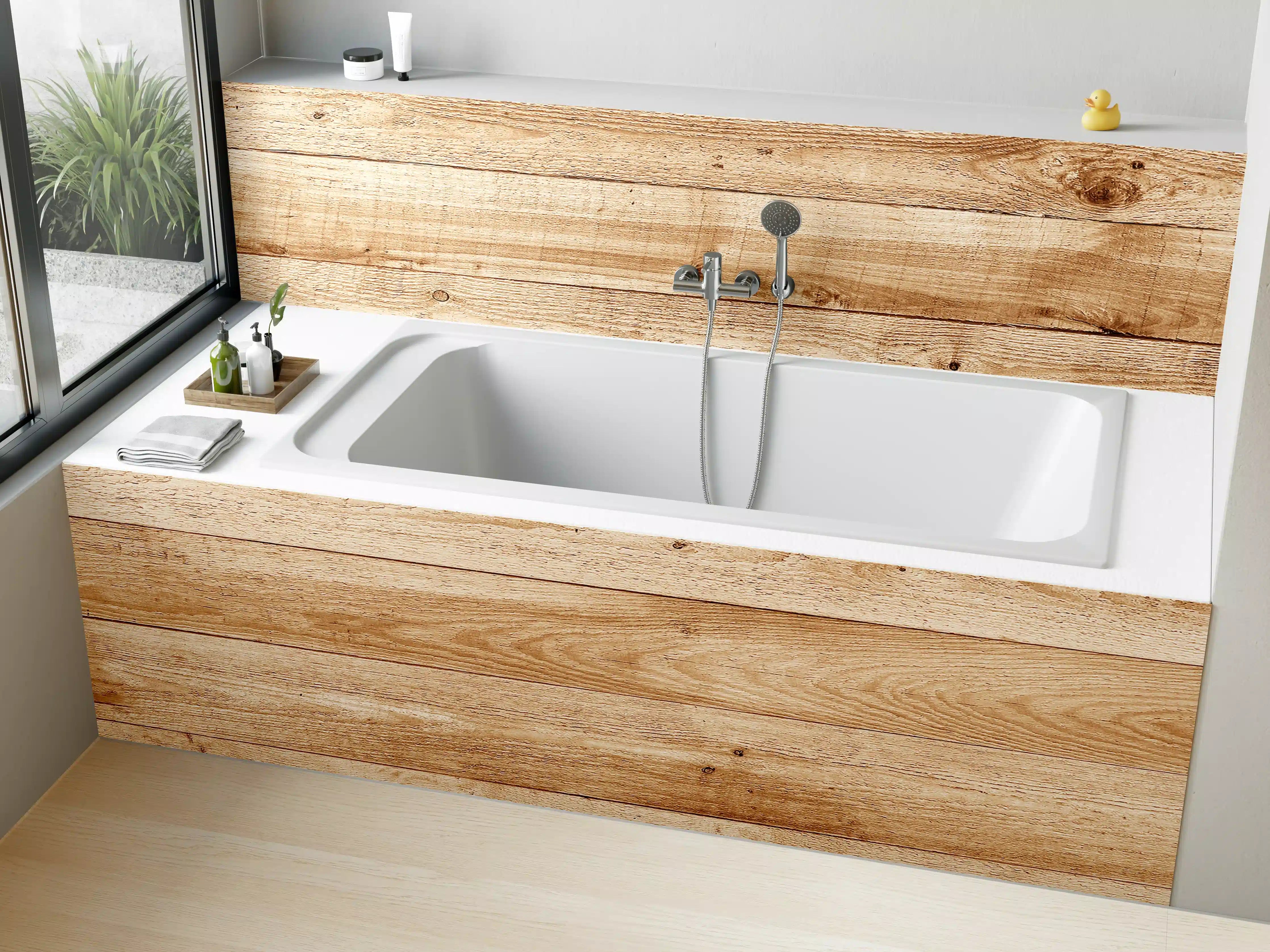 Badewannen-Rückwand - Naturholz-Oberfläche mit Blättern