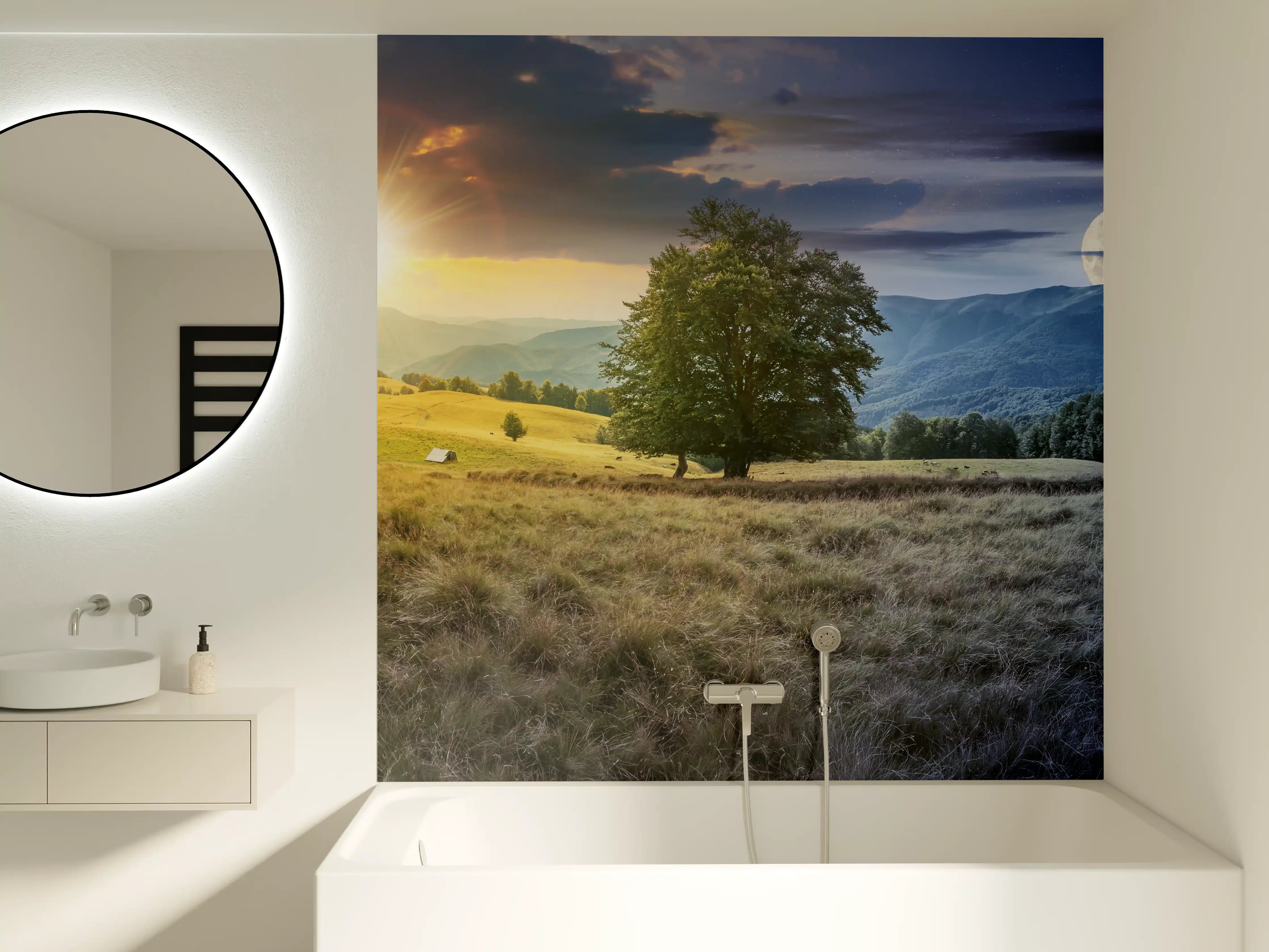 Badewannen-Rückwand - Naturlandschaft bei Sonnenuntergang und Mondschein
