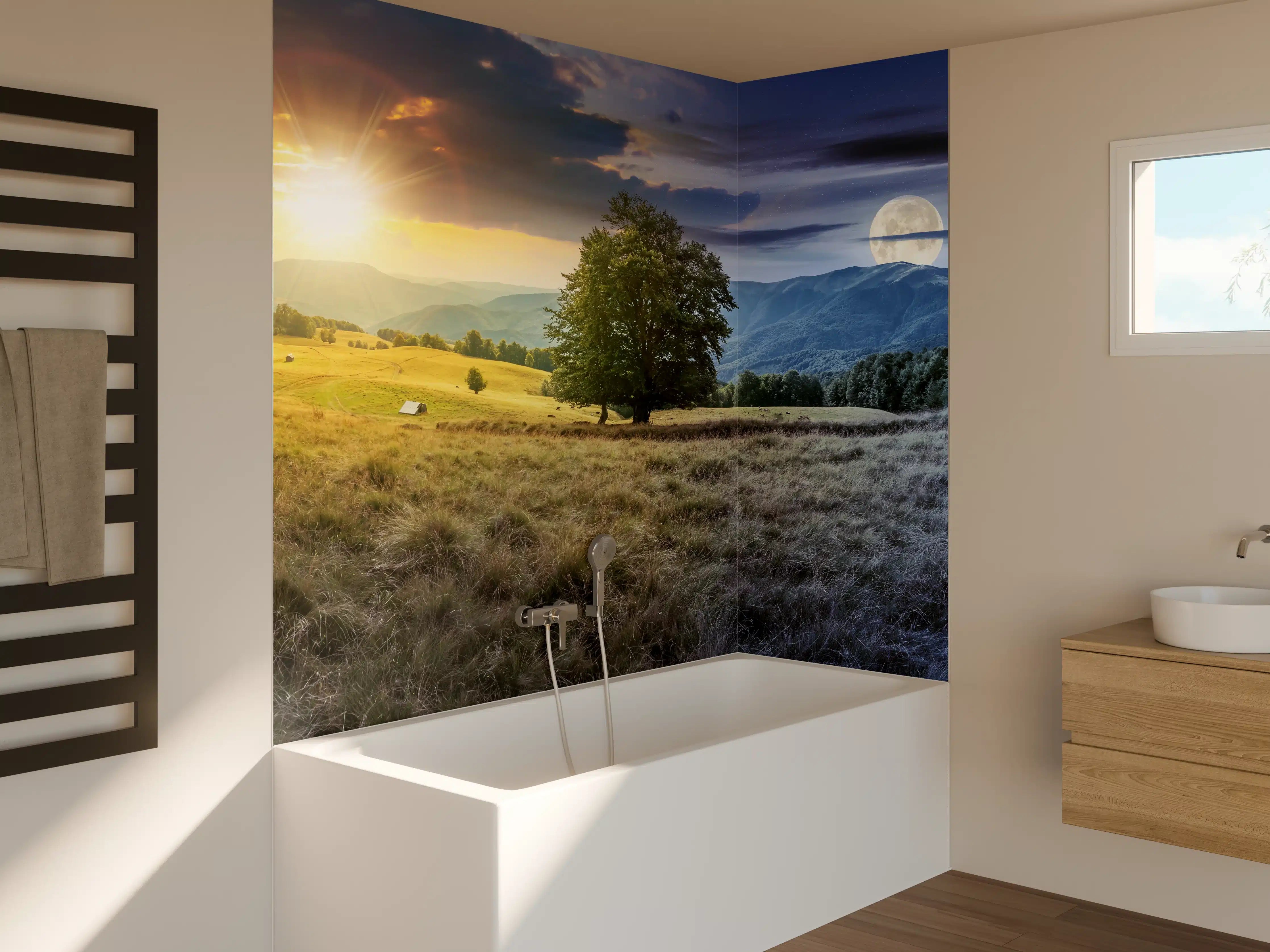 Badewannen-Rückwand - Naturlandschaft bei Sonnenuntergang und Mondschein