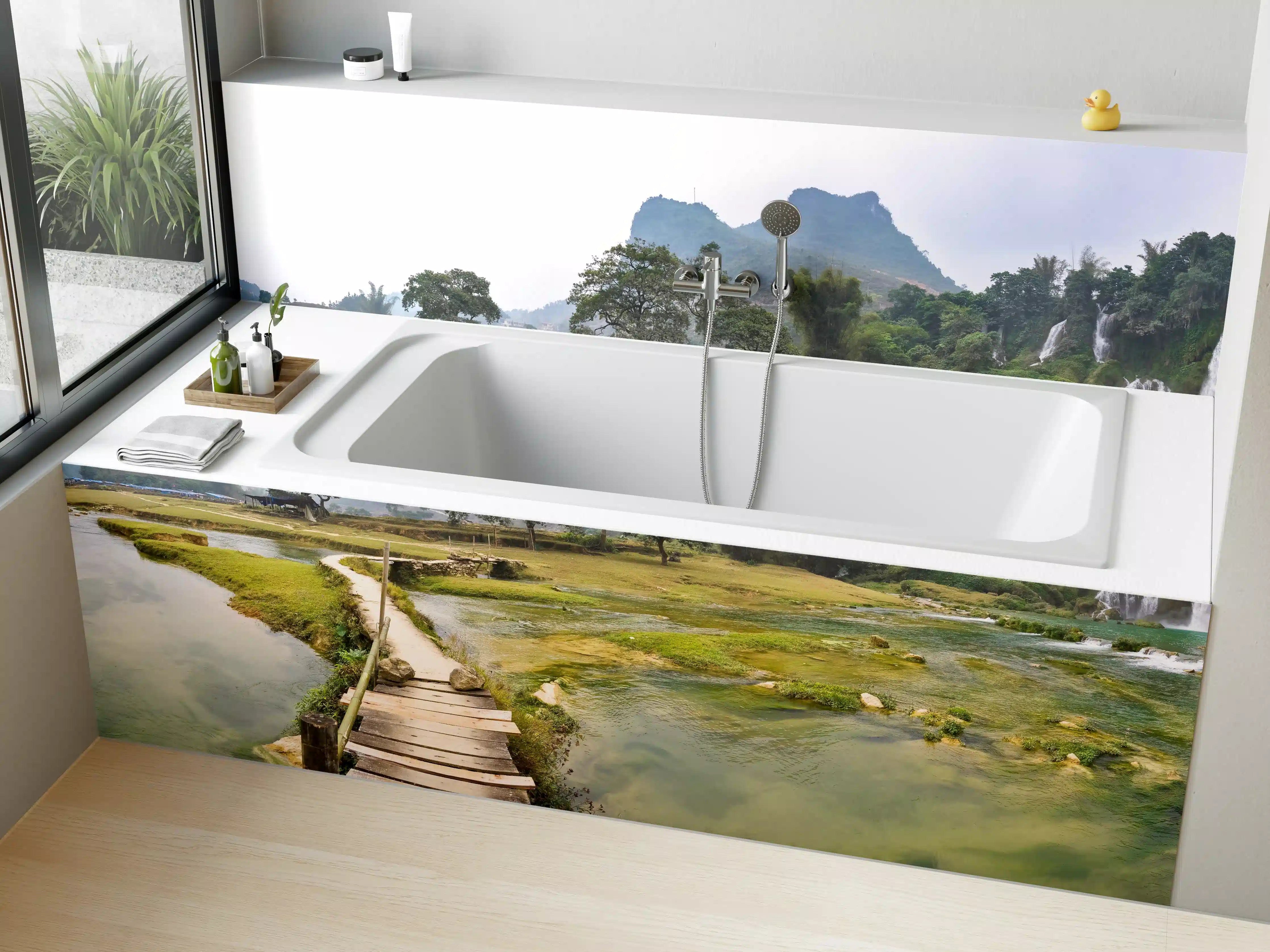 Badewannen-Rückwand - Naturparadies mit Wasserfällen und Wald