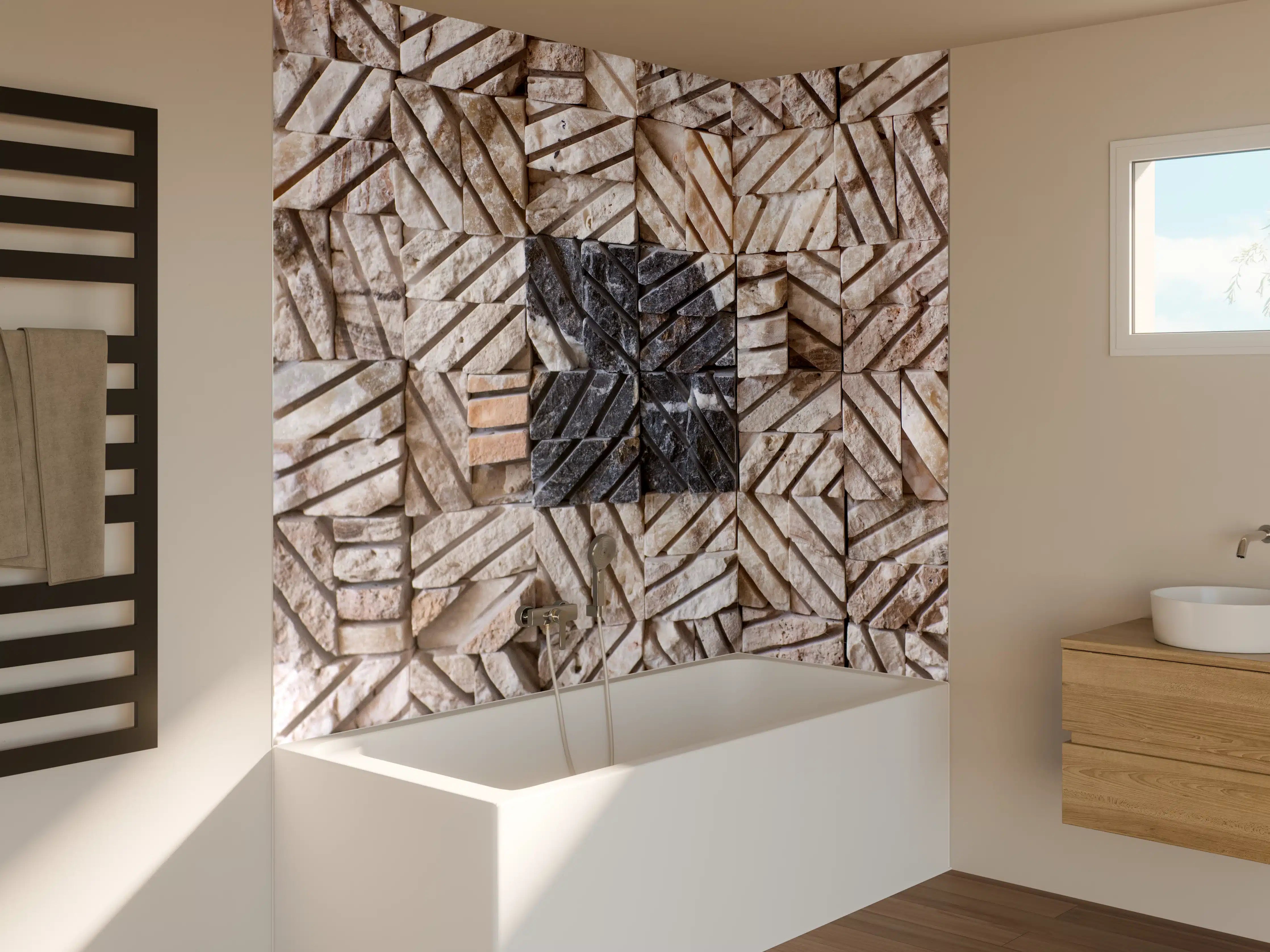 Badewannen-Rückwand - Naturstein Mosaik mit schwarzen Akzenten