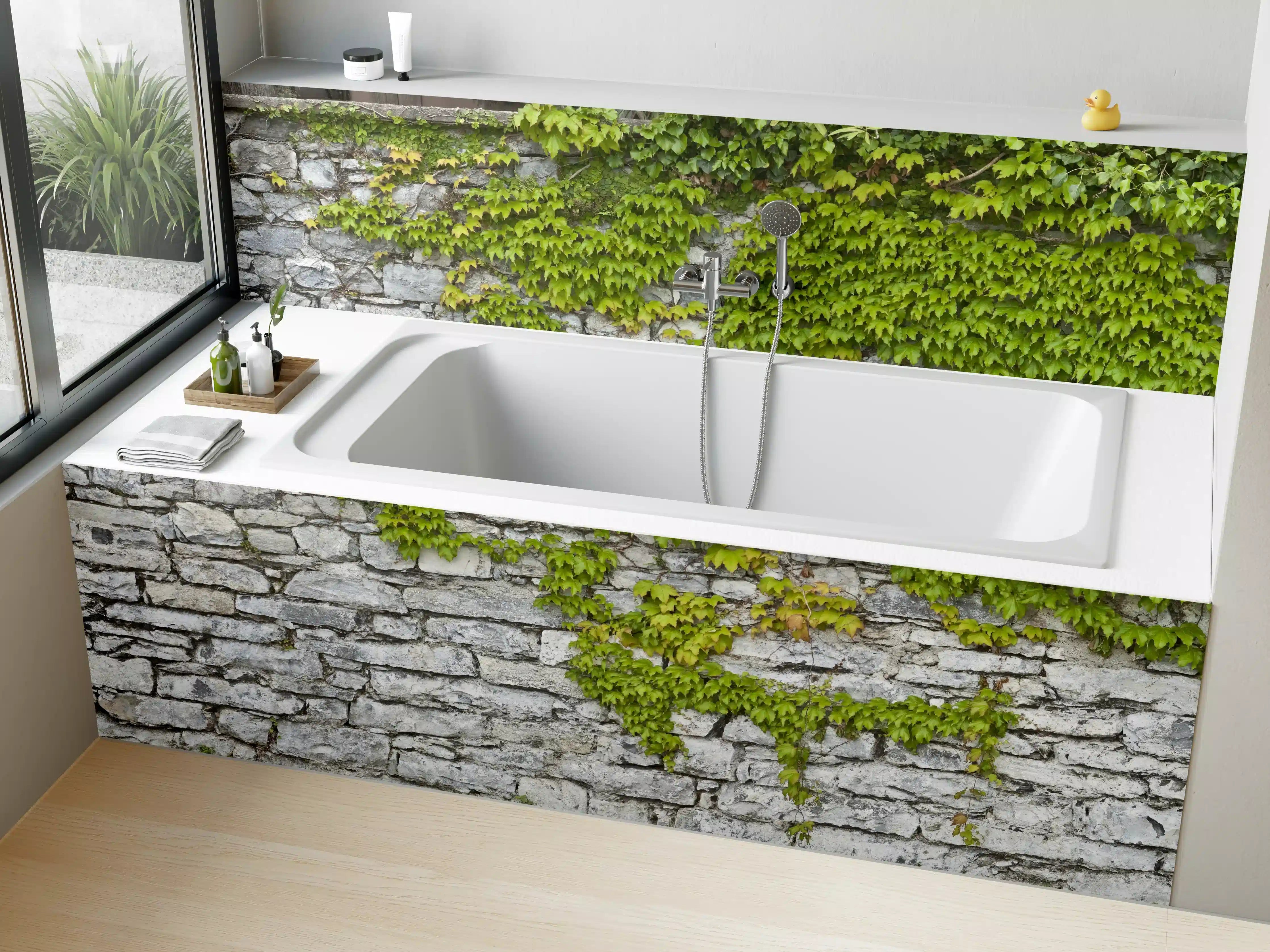Badewannen-Rückwand - Natursteinmauer mit Weinlaub