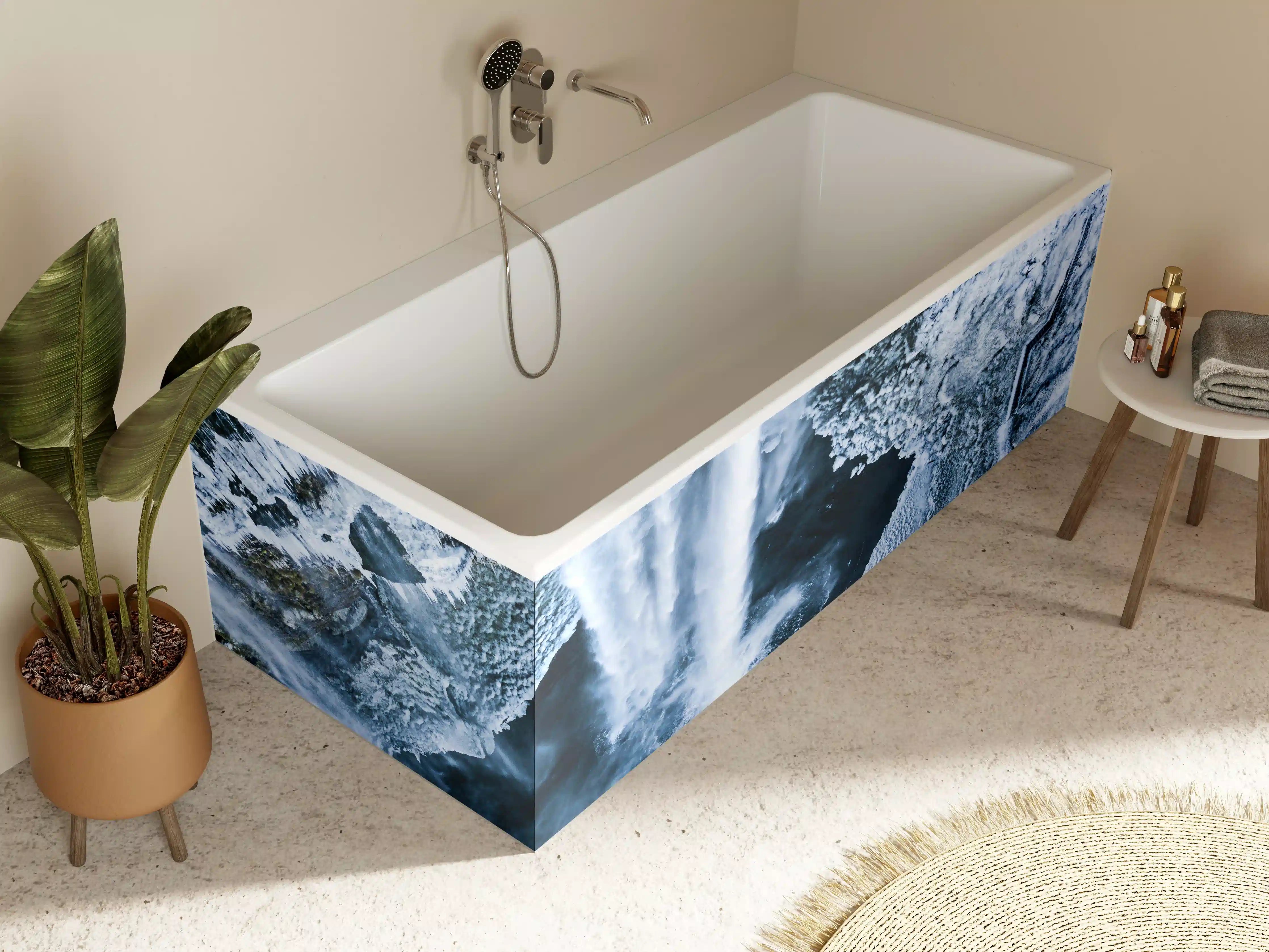 Badewannen-Rückwand - Naturwasserfall mit Gischt und Felsgestein